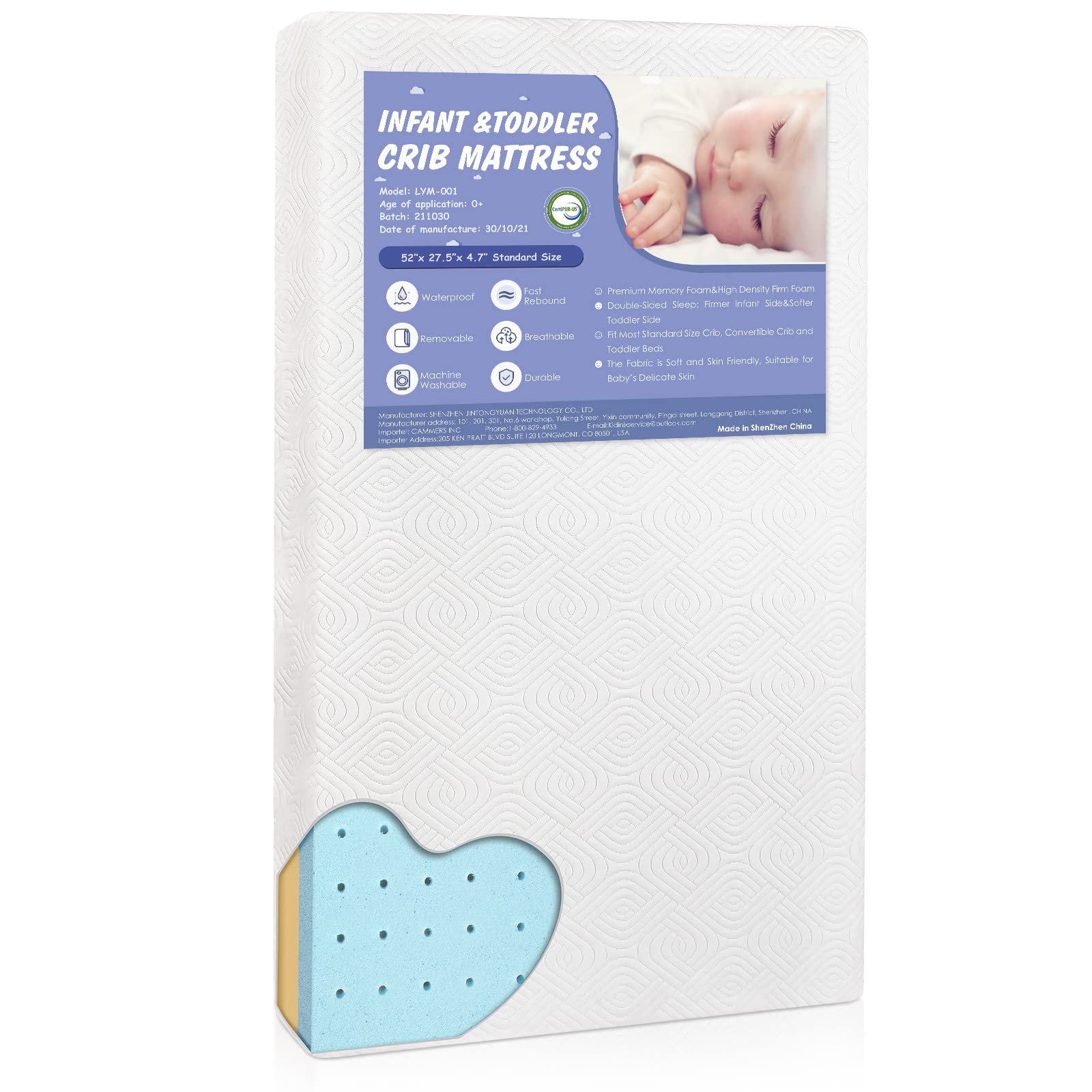 Premium Foam Crib Mattress - 2-Stage Hypoallergenic Toddler Mattress with CertiPUR-US Firm Support & Cooling Gel | Waterproof & Washable Removable Tencel Cover (52x27.5x4.7) | Perfect for Nursery, Daycare & Travel Cribs