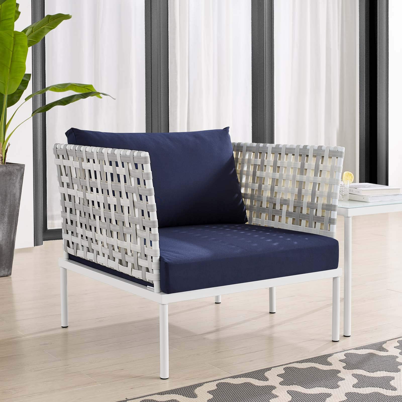 Modway Harmony Outdoor Patio Armchair - Sunbrella® Basket Weave Aluminum Frame in Taupe Navy - Perfect for Poolside, Garden, Deck & Patio Relaxation
