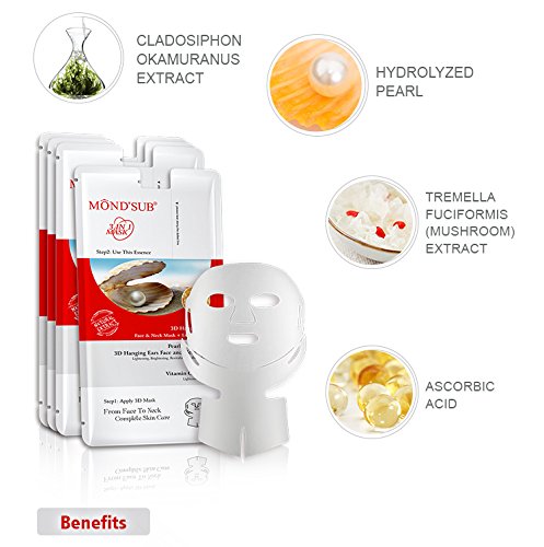 MOND'SUB Pearl 3D Hanging Ears Neck & Facial Sheet Masks - 5 Pack (40g Each) with Free Wespro Bio-Cellulose Lip Mask (5 Pack) - Hydrating & Anti-Aging Skincare for Spa Night & Self-Care Routine