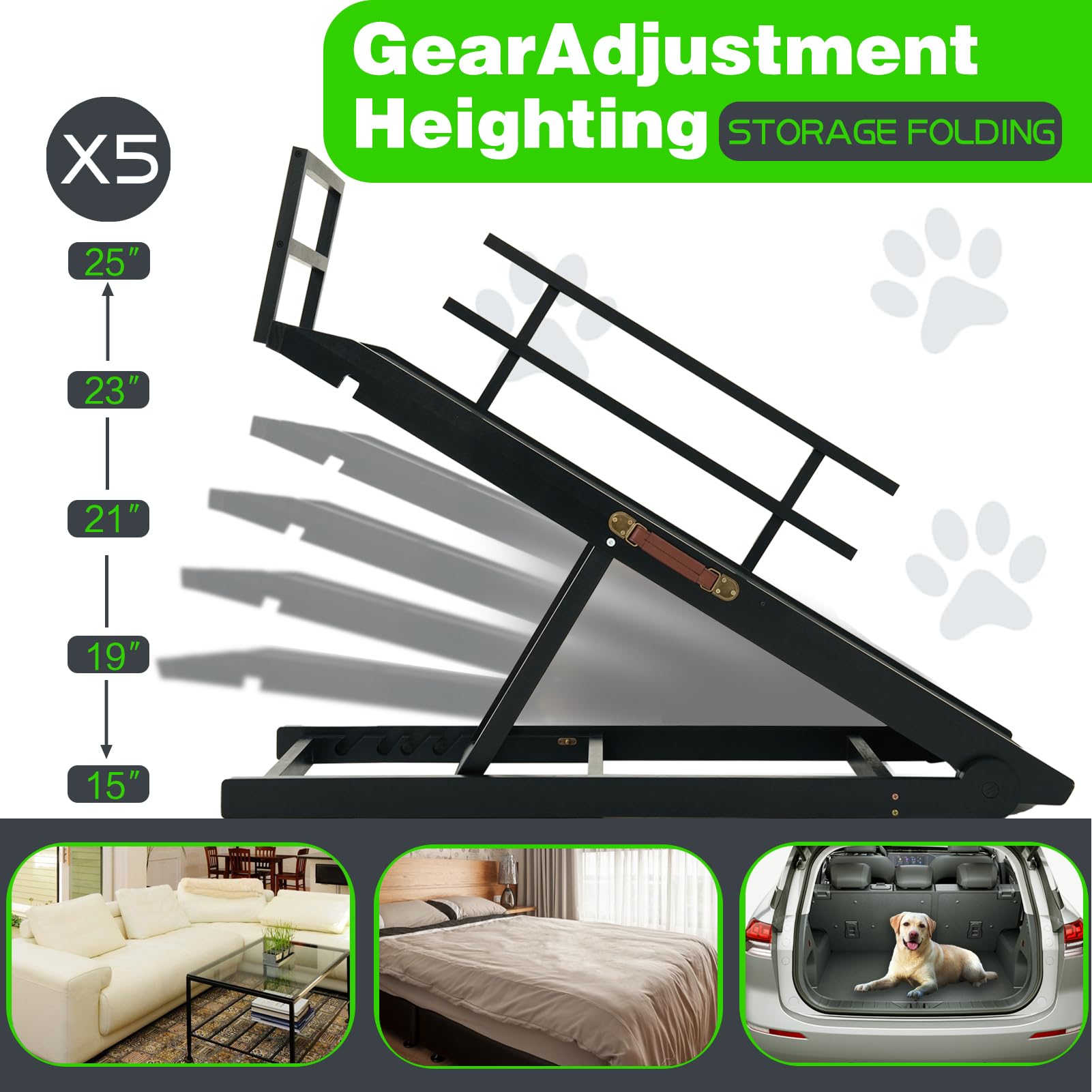 Adjustable Folding Dog Ramp for Bed, Couch & Car - Portable Pet Steps for Small & Large Dogs up to 210 lbs - Non-Slip Rubber Surface - Perfect for Elderly Pets, Post-Surgery Recovery & Home/Car Use (Medium, Black)