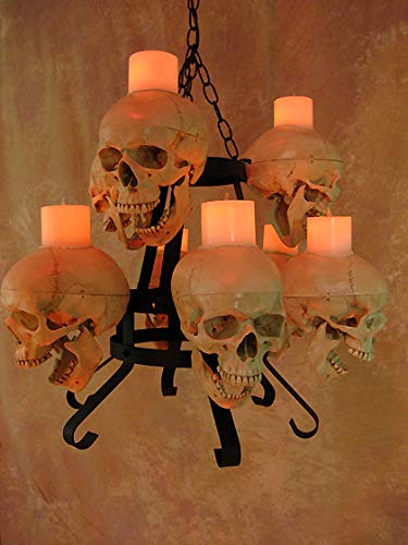 Two-Tiered Skull Metal Chandelier with 9 Skulls & Wax Candles - Gothic Home Decor for Dining Room, Living Room, or Halloween Party Lighting