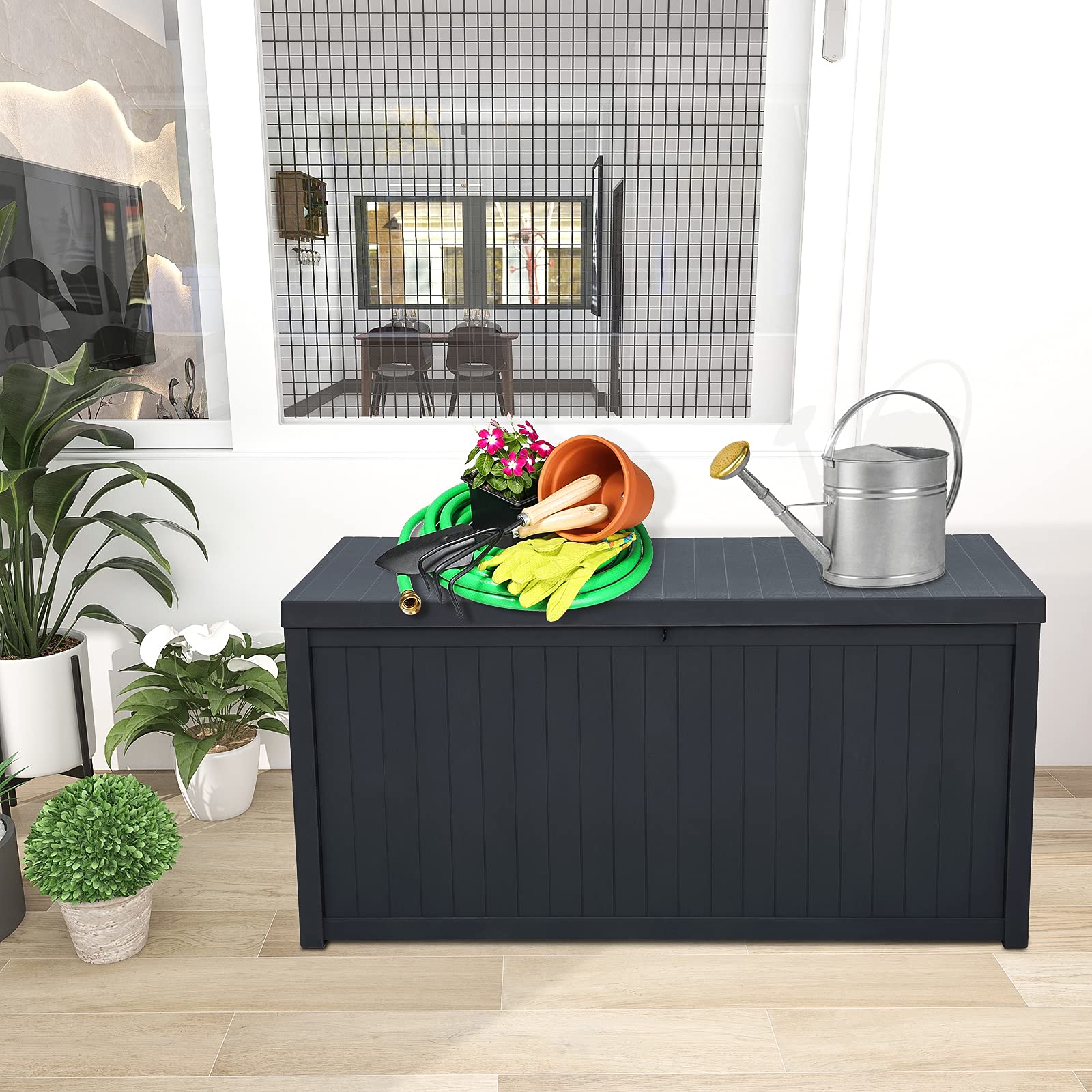 HomVent 113 Gallon Outdoor Waterproof Storage Deck Box - All-Weather Patio Furniture Cushion, Garden Tool & Pool Toy Organizer - Durable Black Container for Backyard, Poolside & Deck Storage (113gal)