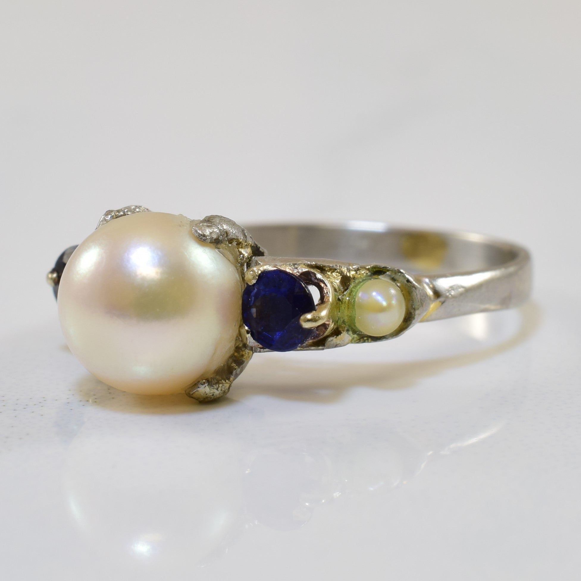 Pearl & Blue Sapphire Cathedral Ring - 7.50 Carat Total Weight (CTW) - Size 5 - Elegant Wedding Band, Anniversary Gift for Her, Bridal Jewelry, Perfect for Special Occasions & Evening Events