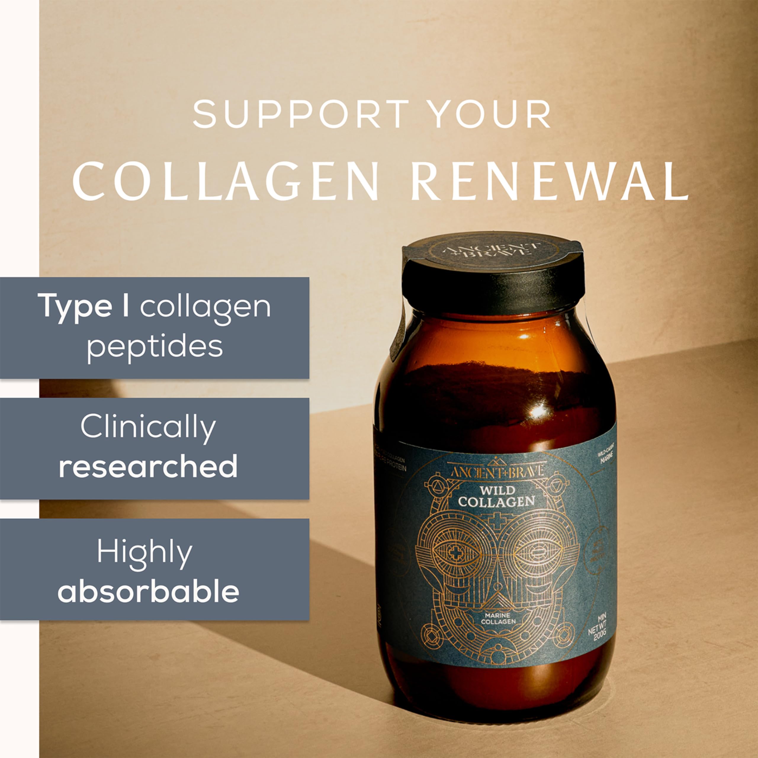 Ancient + Brave Wild Collagen Powder 200g - Pure Hydrolyzed Marine Collagen Peptides Supplement for Women - High Protein, Fasting Friendly, Halal & Kosher Certified - Supports Skin, Hair & Joint Health - Perfect for Smoothies, Coffee & Baking Recipes