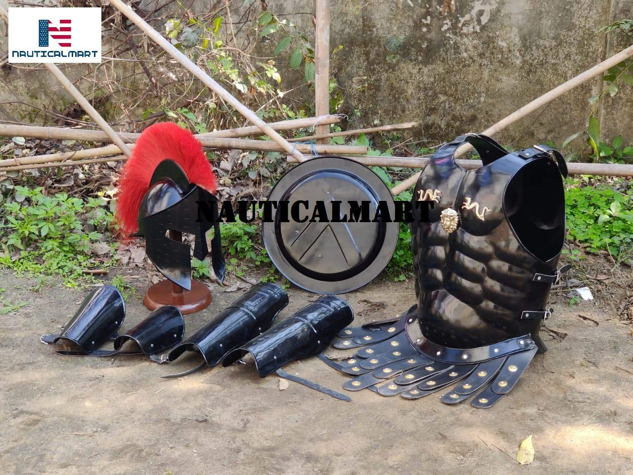 Medieval Roman King Leonidas 300 Spartan Helmet with Red Plume - Full Muscle Armor Set with Shield & Leg Guards | Historical Reenactment, Cosplay & Halloween Costume | by NauticalMart