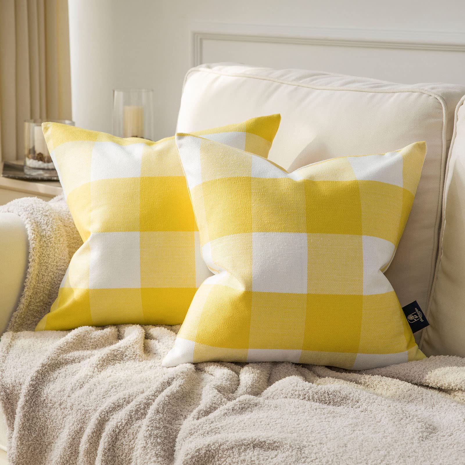 Phantoscope 2-Pack Gingham Buffalo Check Plaid Throw Pillow Covers 18x18 Inches - Farmhouse Square Decorative Pillow Cases for Indoor Outdoor Home Decor in Yellow | Perfect for Sofa, Bed, Porch & Living Room