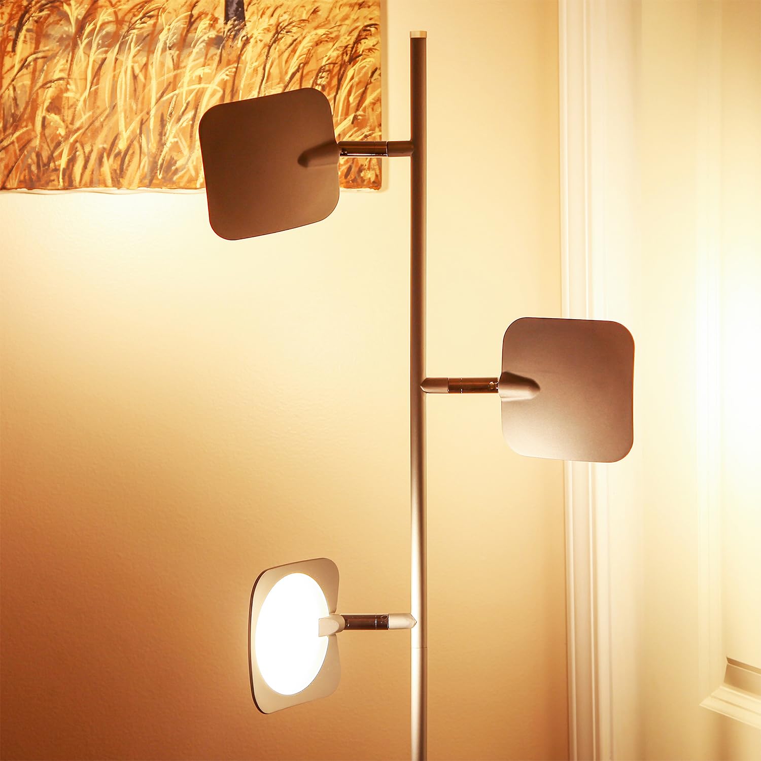 Brightech Adjustable LED Floor Lamp - Dimmable Standing Light for Living Room, Bedroom & Office, Modern Tree Design with Spotlight Panels, Space-Saving Tall Lamp in Satin Nickel Finish | Perfect for Reading, Working & Home Decor