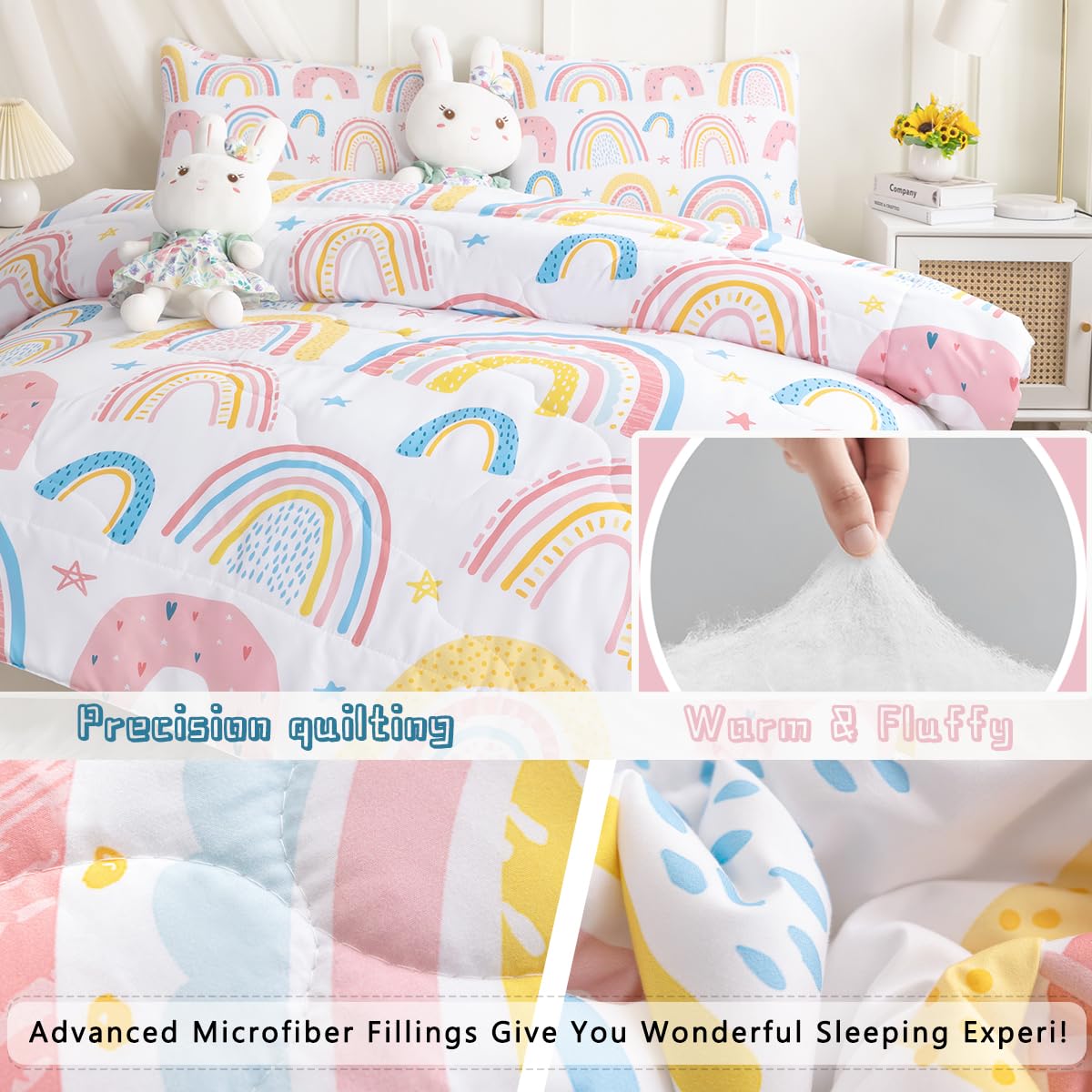 Rainbow Twin Comforter Set for Girls - Pink & Yellow Star Pattern Bedding - 3 Piece Set with 1 Comforter & 2 Pillow Shams - Soft Kids Bedroom Decor for Teen Girls Room, Dorm, Sleepovers & Birthday Gifts