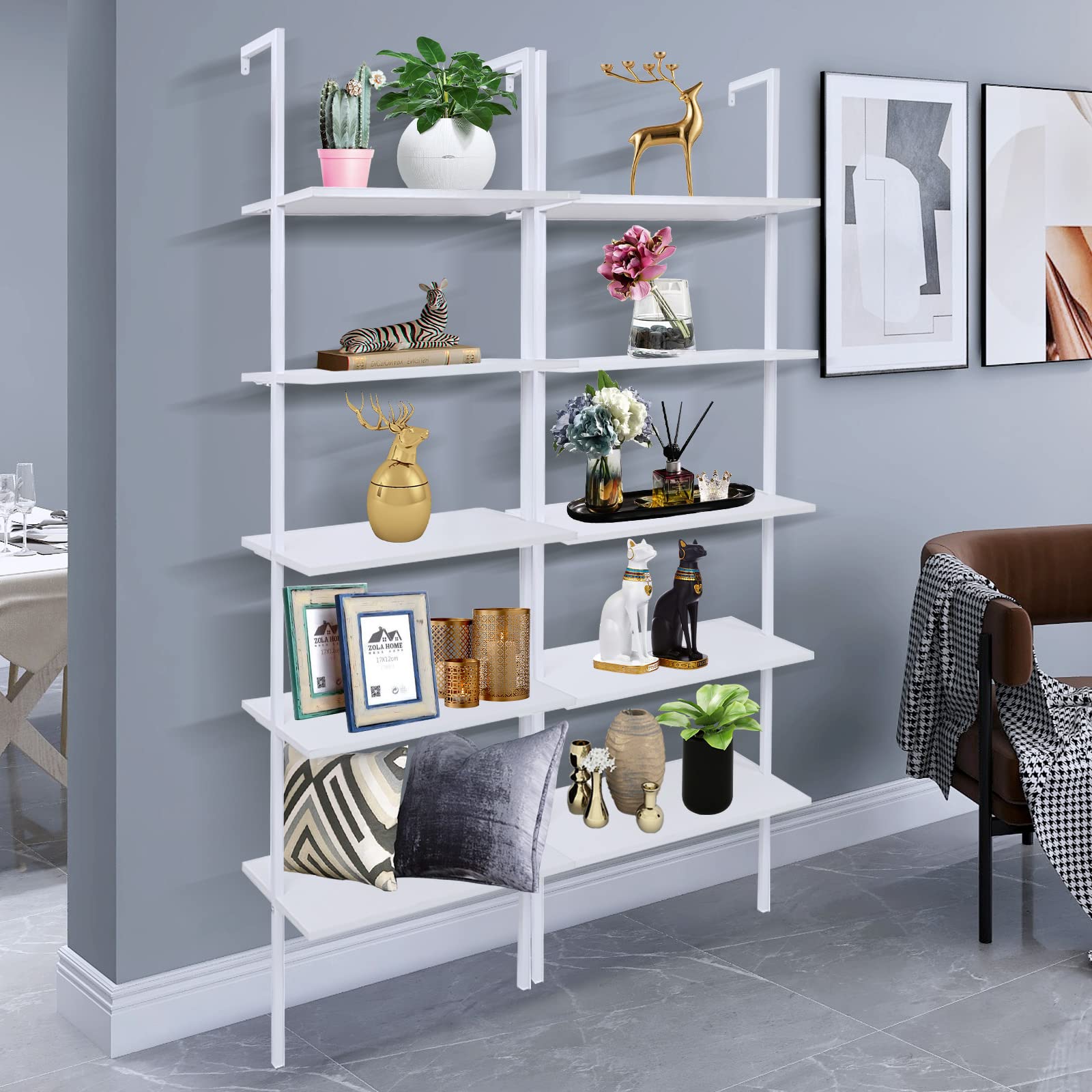 5-Tier Wall Mounted Ladder Shelf - Sturdy Metal Frame & Wood Shelves - Modern Bookshelf for Living Room, Bedroom, Office - Space-Saving Storage Solution for Books, Decor & Essentials (24