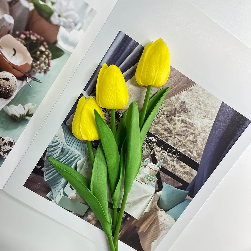 10 Pcs Realistic PU Touch Tulips Artificial Flowers - Yellow Fake Tulip Bouquets for Home, Office, Wedding Decor | Perfect for Centerpieces, Table Arrangements & Spring Party Decorations