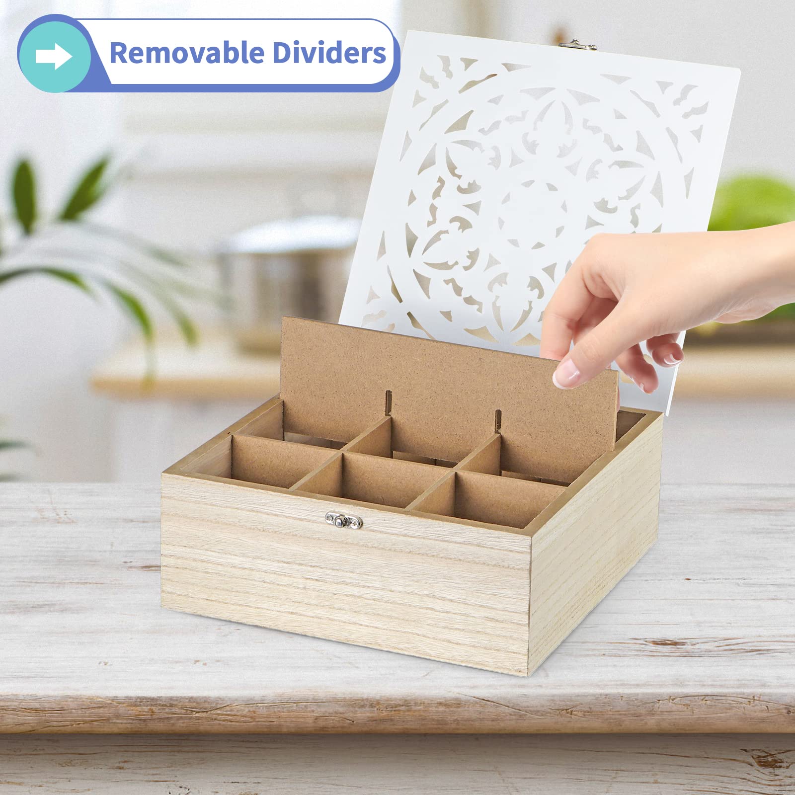 MOLIGOU Wooden Tea Bag Organizer - 9 Compartment Tea Storage Box with Floral Pattern Lid, Tea Bag Holder for Cabinet & Pantry - Perfect for Kitchen Organization & Tea Lovers Gift