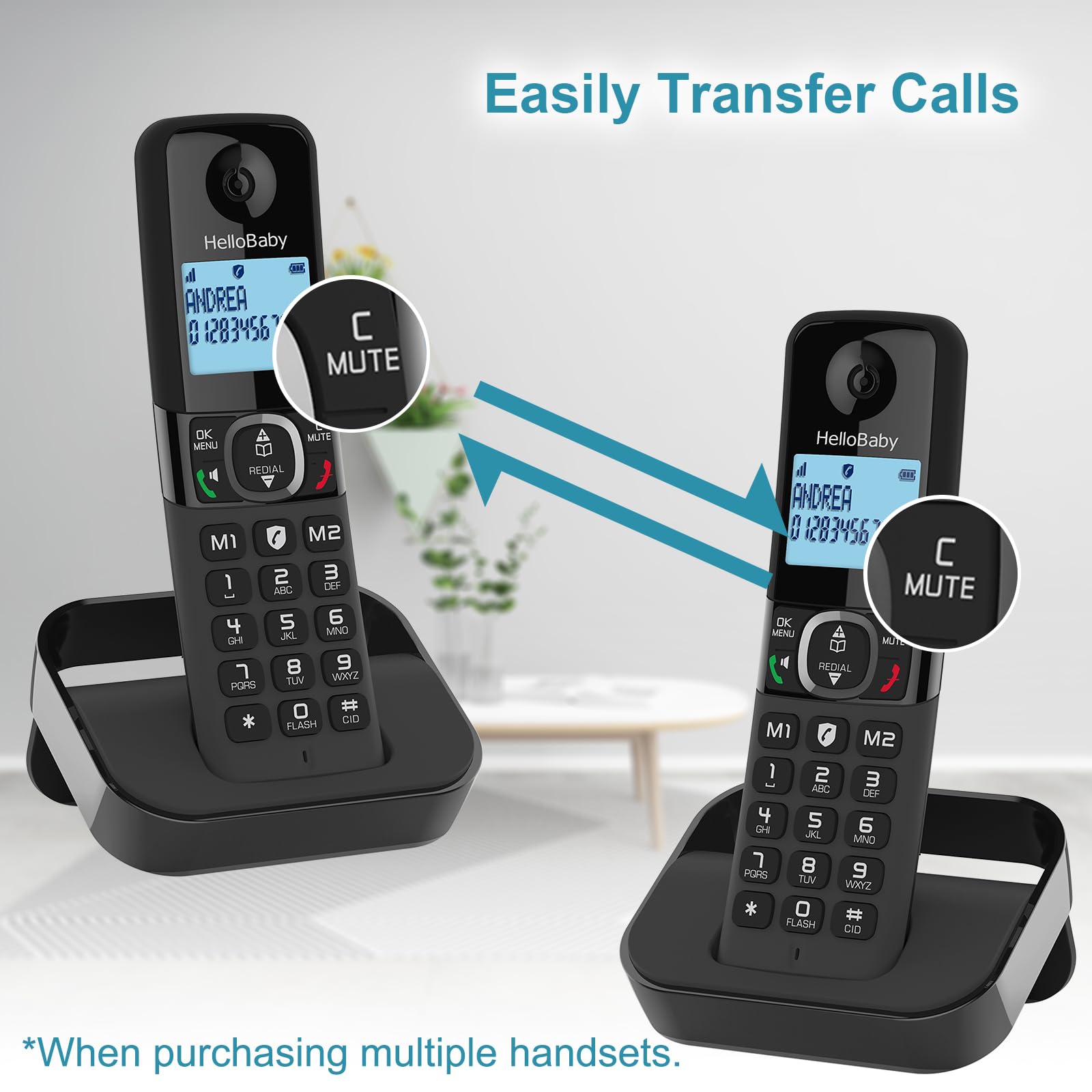 Hellobaby DECT 6.0 Cordless Phone with 2 Handsets - 1000 ft Range, Caller ID, Call Waiting & Block - Blue Backlit Display (HB2688-2) - Perfect for Home & Office Communication