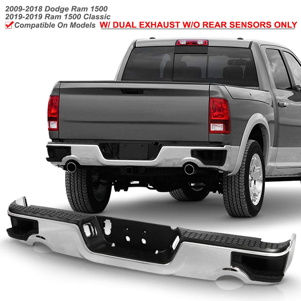 ACANII Chrome Rear Bumper Complete Assembly for 2009-2018 Dodge Ram 1500 - Dual Exhaust Compatible, No Sensor Holes, Corner Step Design | Perfect for Truck Upgrades, Off-Road Adventures & Enhanced Vehicle Protection