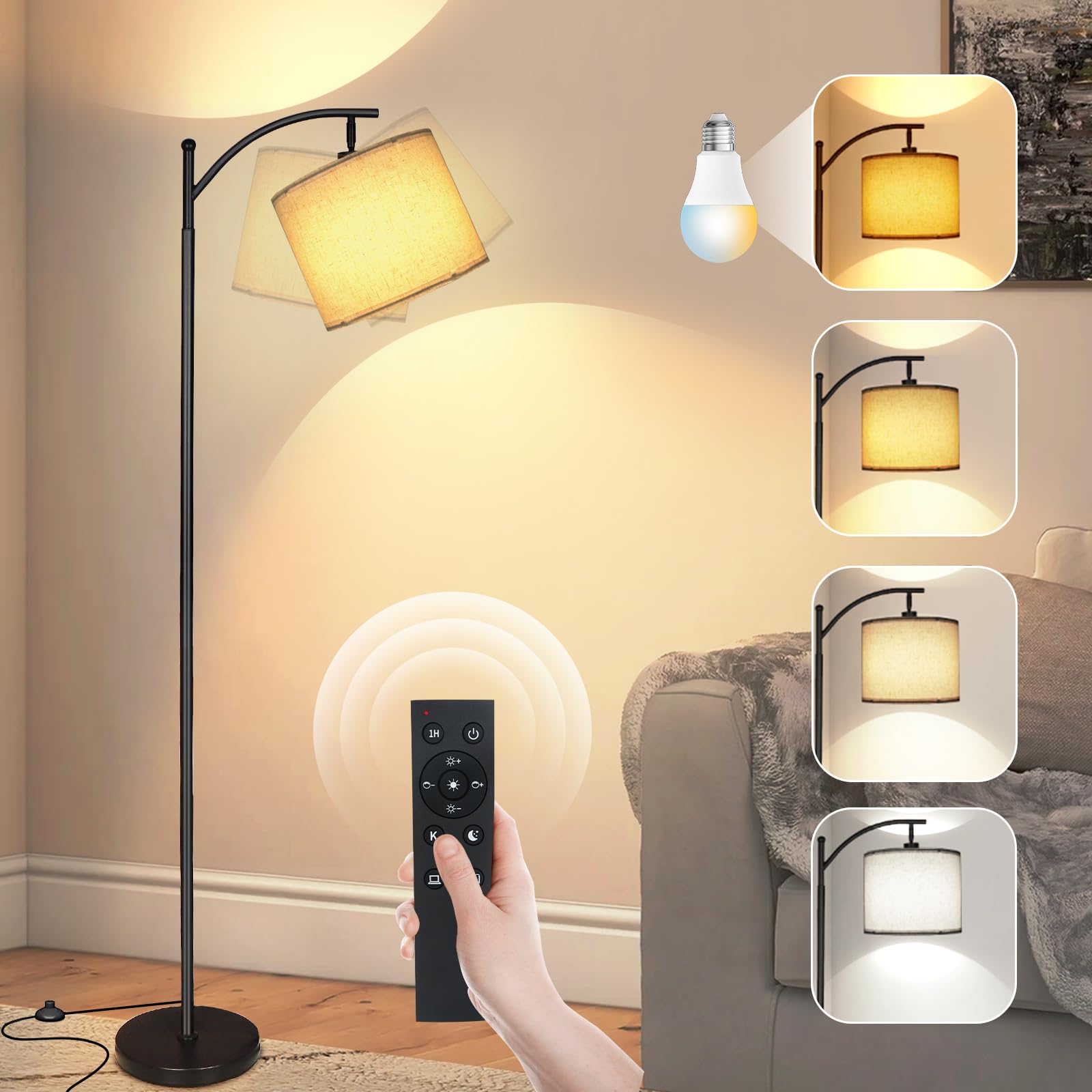 2025 Modern LED Arc Floor Lamp - 12W 1200LM Adjustable Standing Light with Remote Control & Linen Shade, 12 Color Temperature Stepless Dimmable Tall Lamp for Living Room, Bedroom, Office - Perfect for Reading, Relaxation & Ambient Lighting
