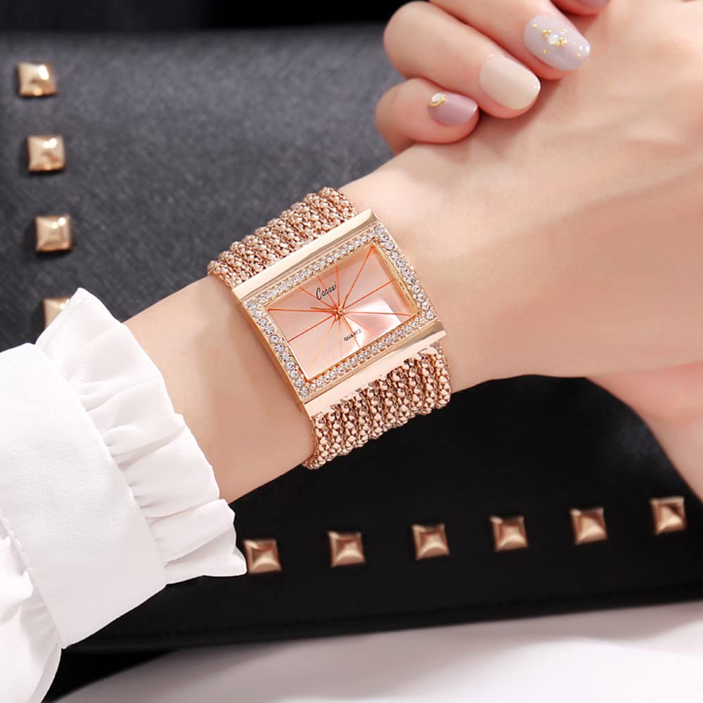 Gosasa Elegant Women's Watches - Fashion Tassel Bracelet Watch with Golden Diamond Accents, Square Face Quartz Watch for Women, Stainless Steel Wide Chain Band | Perfect for Office, Party & Everyday Wear