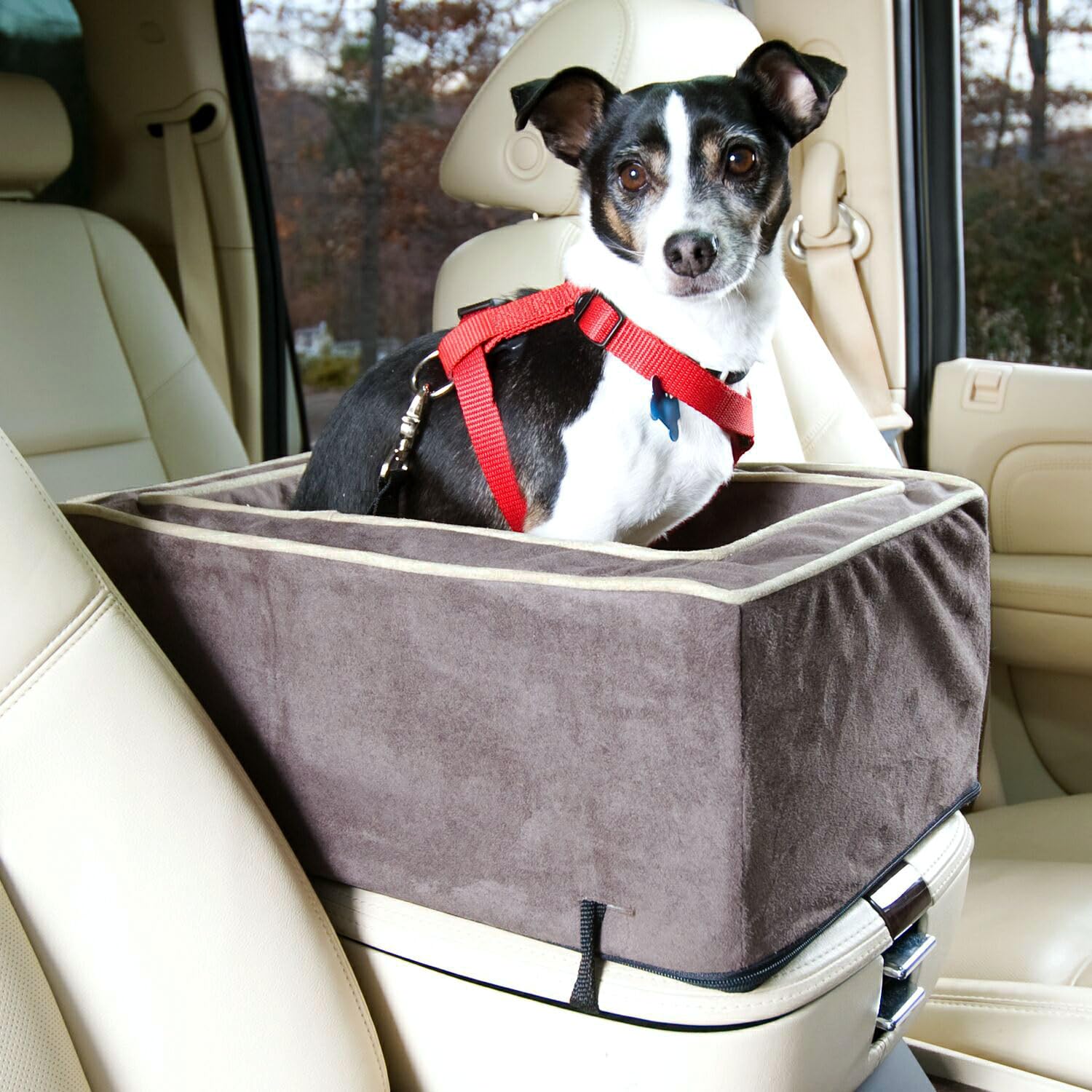 Snoozer Large Dark Chocolate Washable Dog Car Seat for Small Dogs Under 12 lbs - Center Console Pet Carrier with Harness Attachment for Cars, SUVs & Trucks - Comfortable & Secure Travel Bed for Road Trips & Daily Commutes
