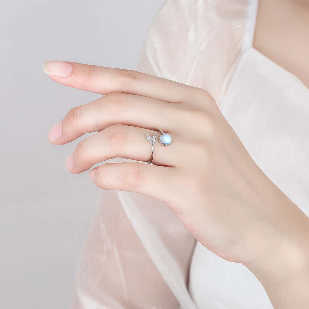 White Gold Fish Tail Moonstone Ring - Elegant & Unique Jewelry for Women | Perfect for Weddings, Parties & Special Occasions | E105