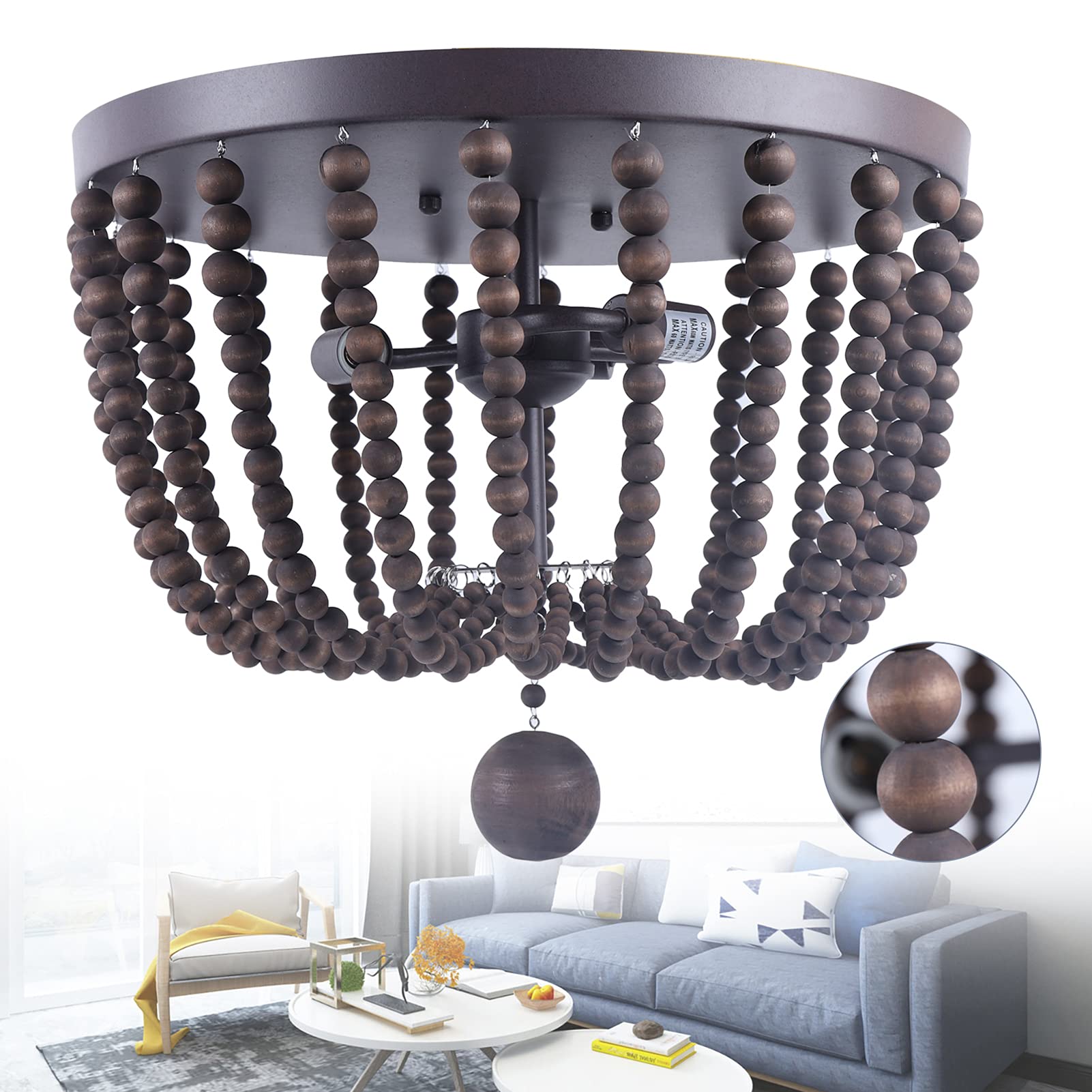 Bohemian Wood Beaded Flush Mount Ceiling Light - Rustic Antique Wood Beads Chandelier for Bedroom, Kitchen Island, Dining Room & Living Room - Natural Brown Wooden Bead Pendant Lamp (Perfect for Farmhouse, Cottage & Boho Decor)