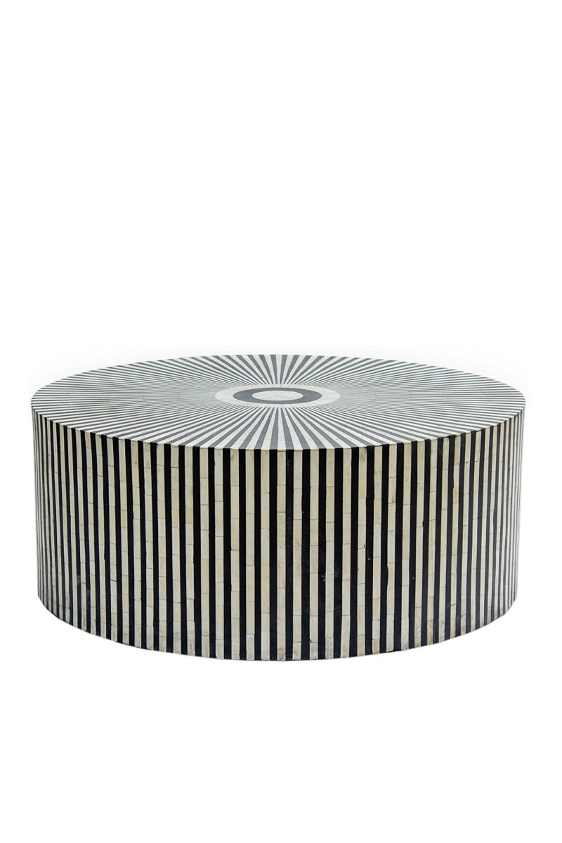 Handmade Bone Inlay Round Coffee Table - Black & White Striped Design - Boho Chic Home Decor - Perfect for Living Room, Lounge & Office Spaces