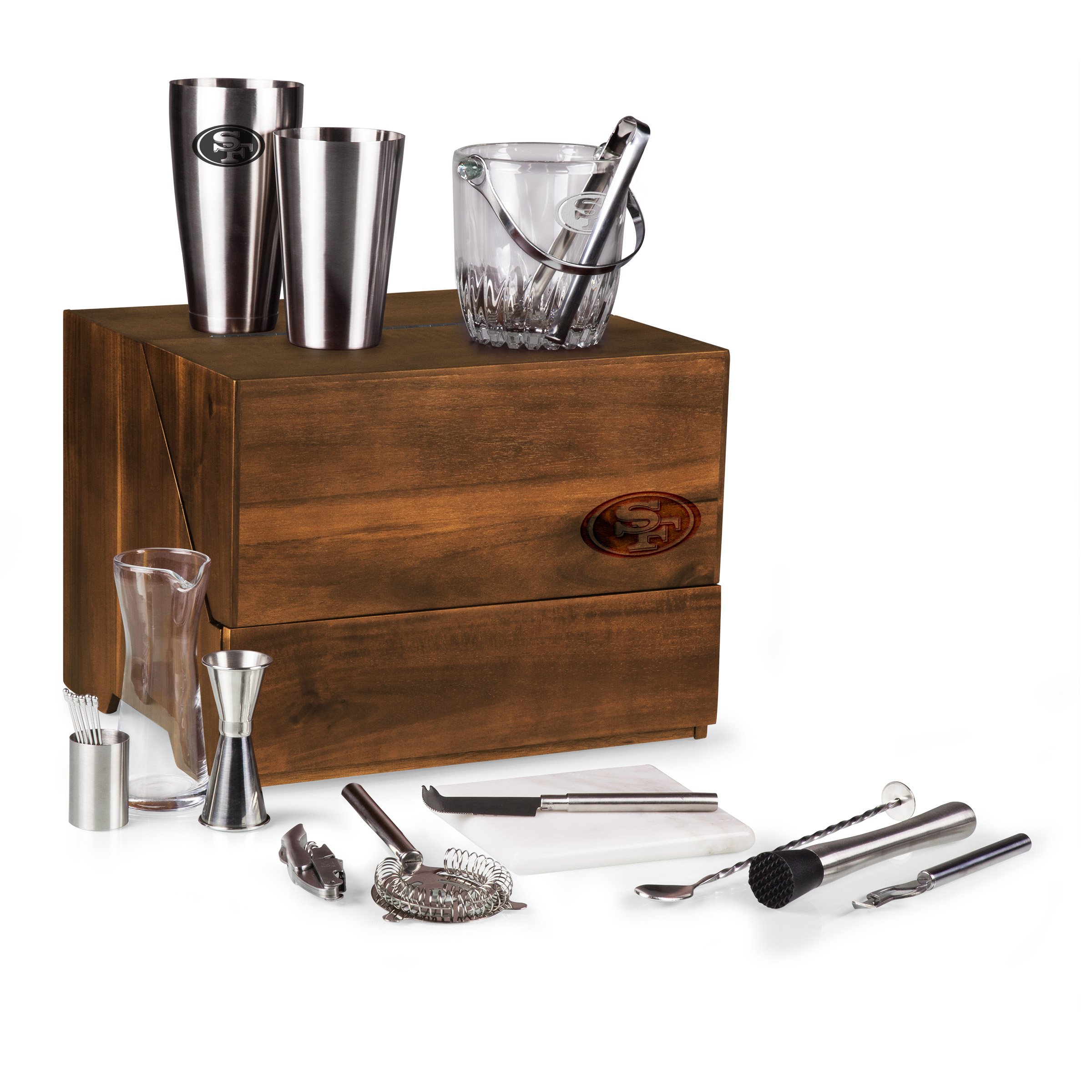 PICNIC TIME NFL Madison Acacia Wood Tabletop Bar Tool Set - 12-Piece Bartender Kit with Stand & Bar Accessories - Perfect for Home Bars, Game Day Parties & Outdoor Entertaining