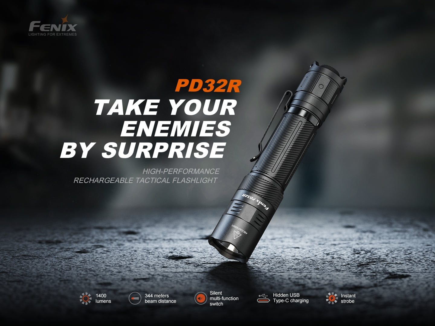 Fenix PD32R Rechargeable LED Flashlight with Silent Switch - 1000 Lumens, Compact & Powerful for Camping, Hiking, Emergency Use