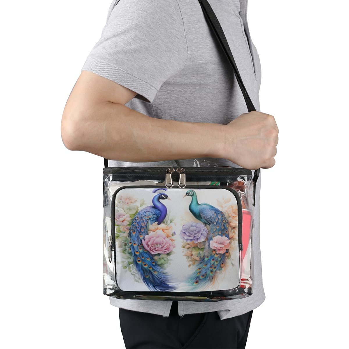 GzLeyigou Clear Peacock Rose Print Tote Bag with Handles - Animal Transparent Crossbody Shoulder Bag for Lunch, Outdoor, Travel, Picnic, Concerts & Sports Events - Stadium Approved Multi-Purpose Carryall for Women & Girls (Perfect for Beach, Shopping, Work & Daily Use)