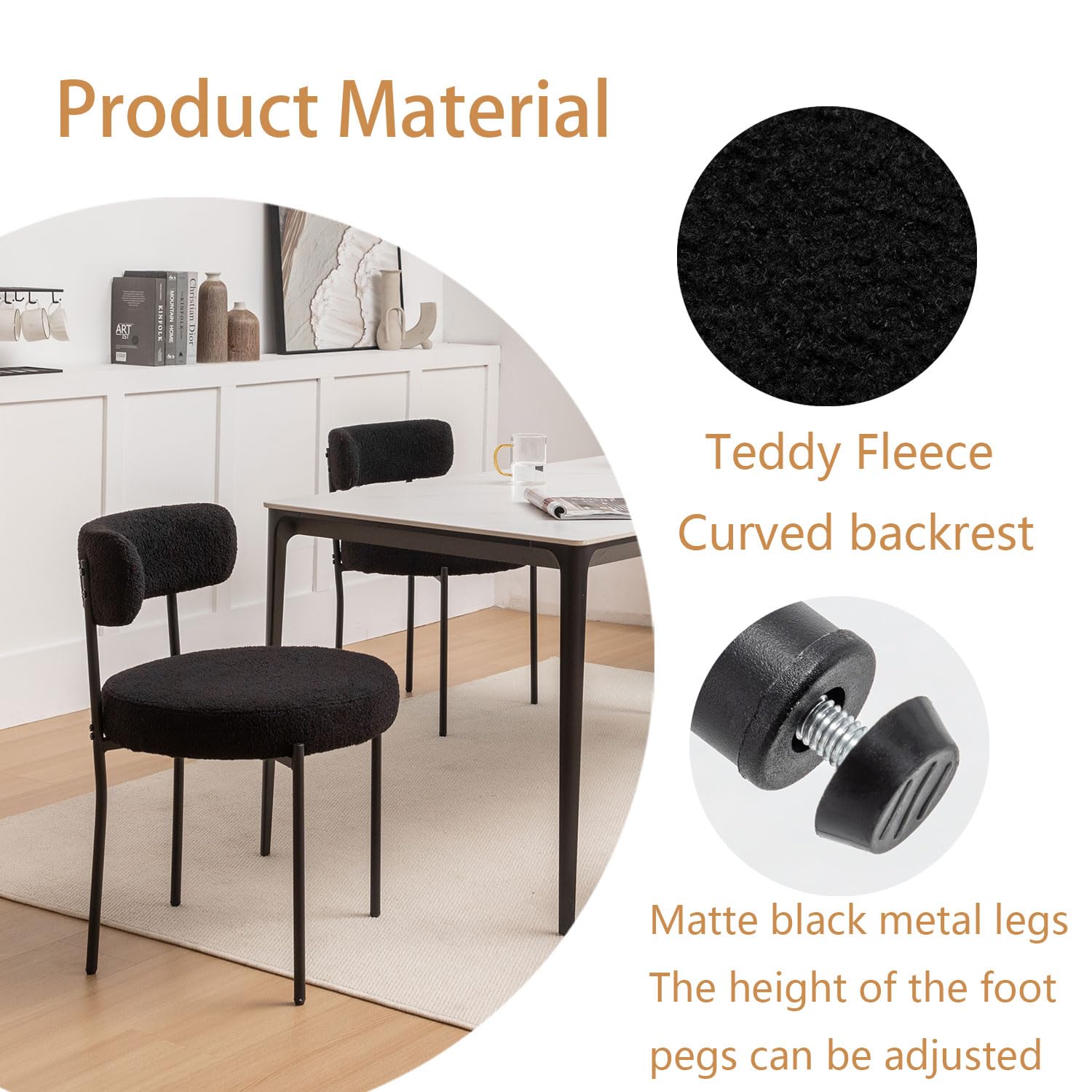 Boucle Dining Chairs Set of 4 - Round Upholstered Modern Chairs with Black Metal Legs for Dining Room, Kitchen, Living Room, Office, and Small Spaces (Black)