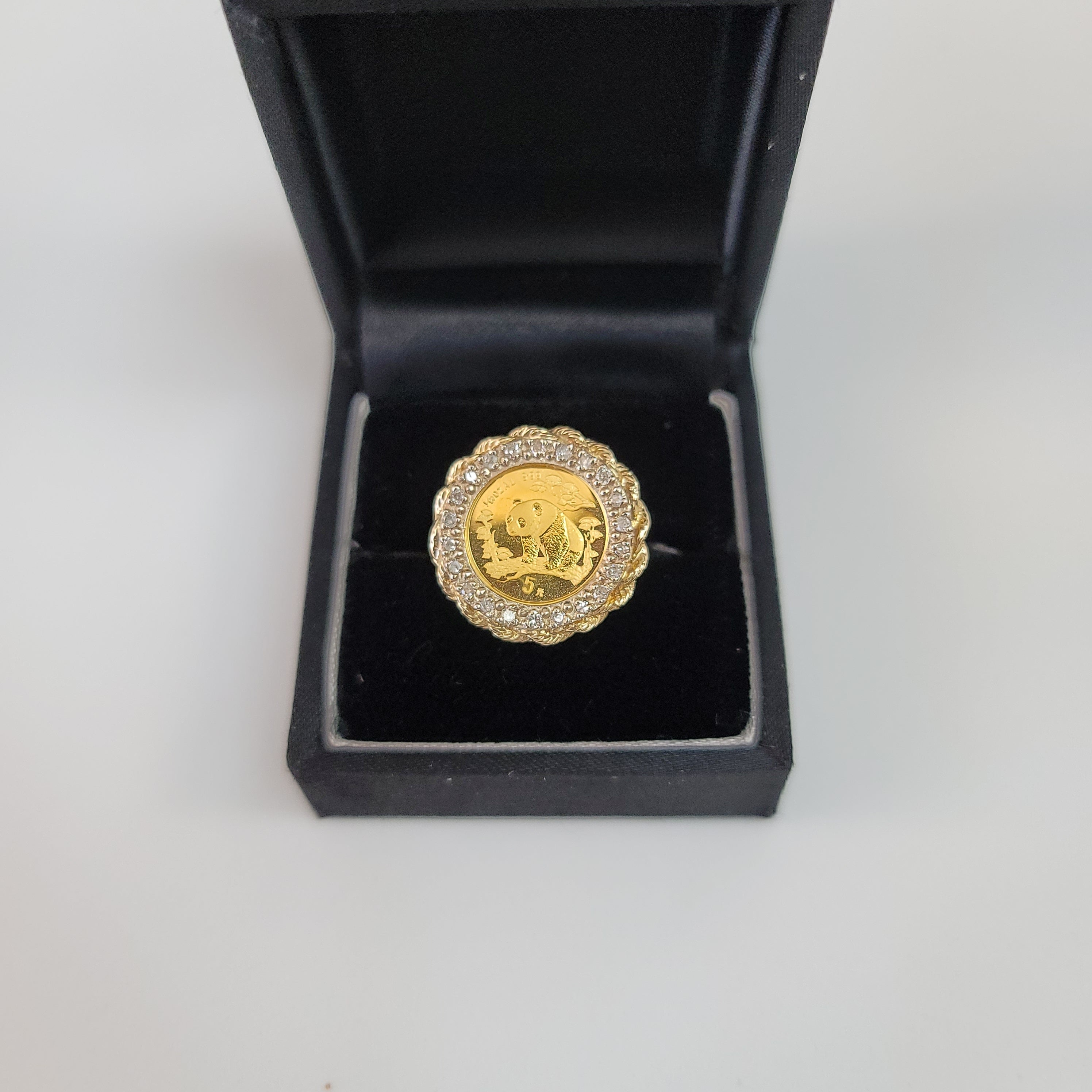 14K Yellow Gold Panda .999 Diamond Halo Ring with Rope Bezel - Elegant Jewelry for Weddings, Anniversaries & Special Occasions