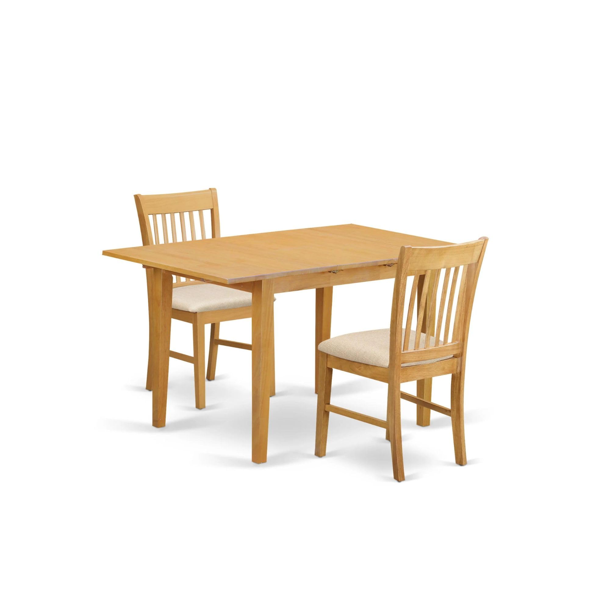 East West Furniture Norfolk 3-Piece Dining Set - 32x54 Inch Oak Wooden Table with Butterfly Leaf & 2 Linen Fabric Chairs - Perfect for Kitchen, Dining Room & Small Space Entertaining