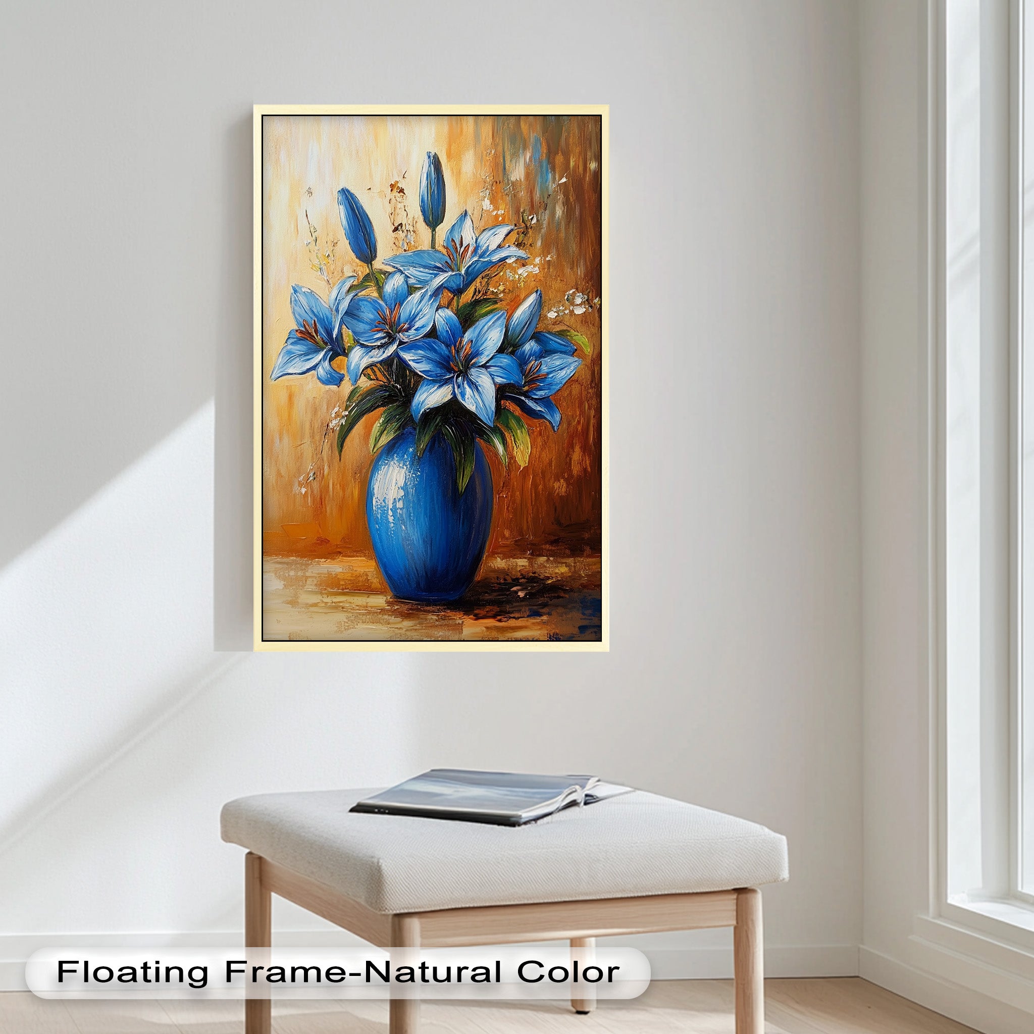 Azure Blossoms in Blue Vase - Hand-Painted Floral Oil Canvas Artwork for Living Room Decor | Wall Art for Home & Office