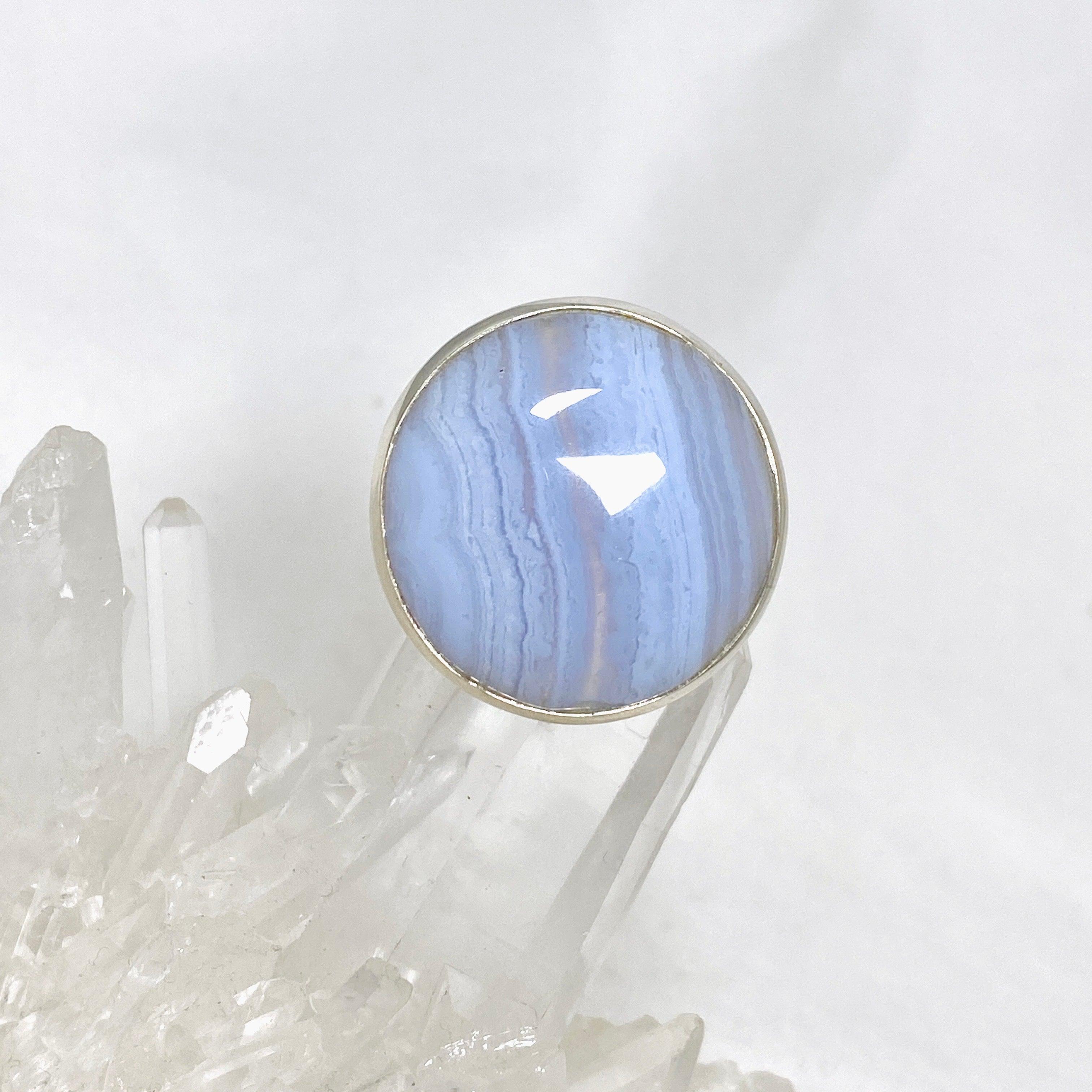Blue Lace Agate Sterling Silver Round Ring Size 10.5 - Elegant Boho Jewelry for Women, Perfect for Weddings, Parties & Everyday Wear