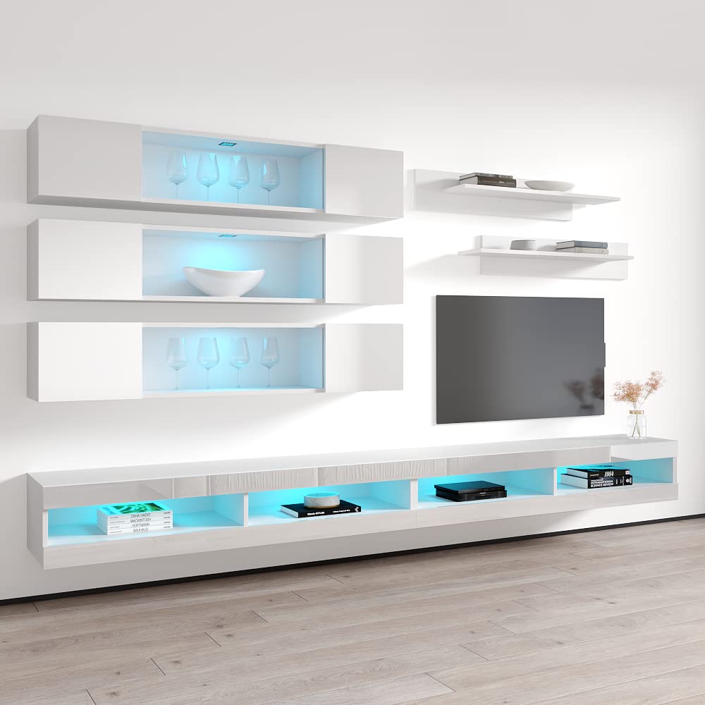 Modern White Wall-Mounted TV Stand with Storage Shelves & LED Lights - Floating Entertainment Center Console for Living Room & Bedroom - Space-Saving Furniture for Small Apartments & Home Theaters