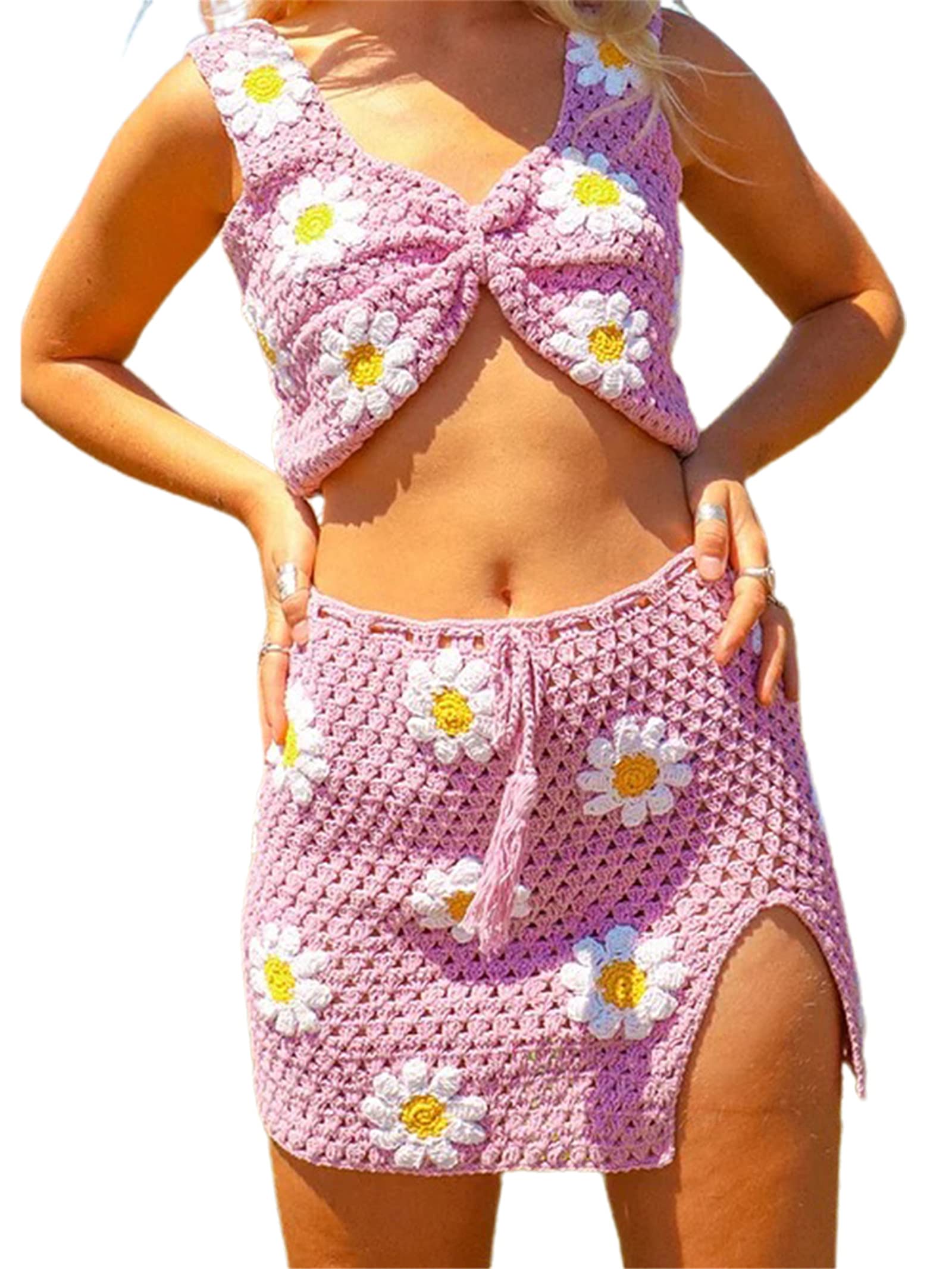 Women's Boho Floral Knit Sleeveless Dress & Crochet Skirt Set - Y2K Square Neck Top with Drawstring Waist | Summer Outfit for Beach, Music Festivals & Casual Wear