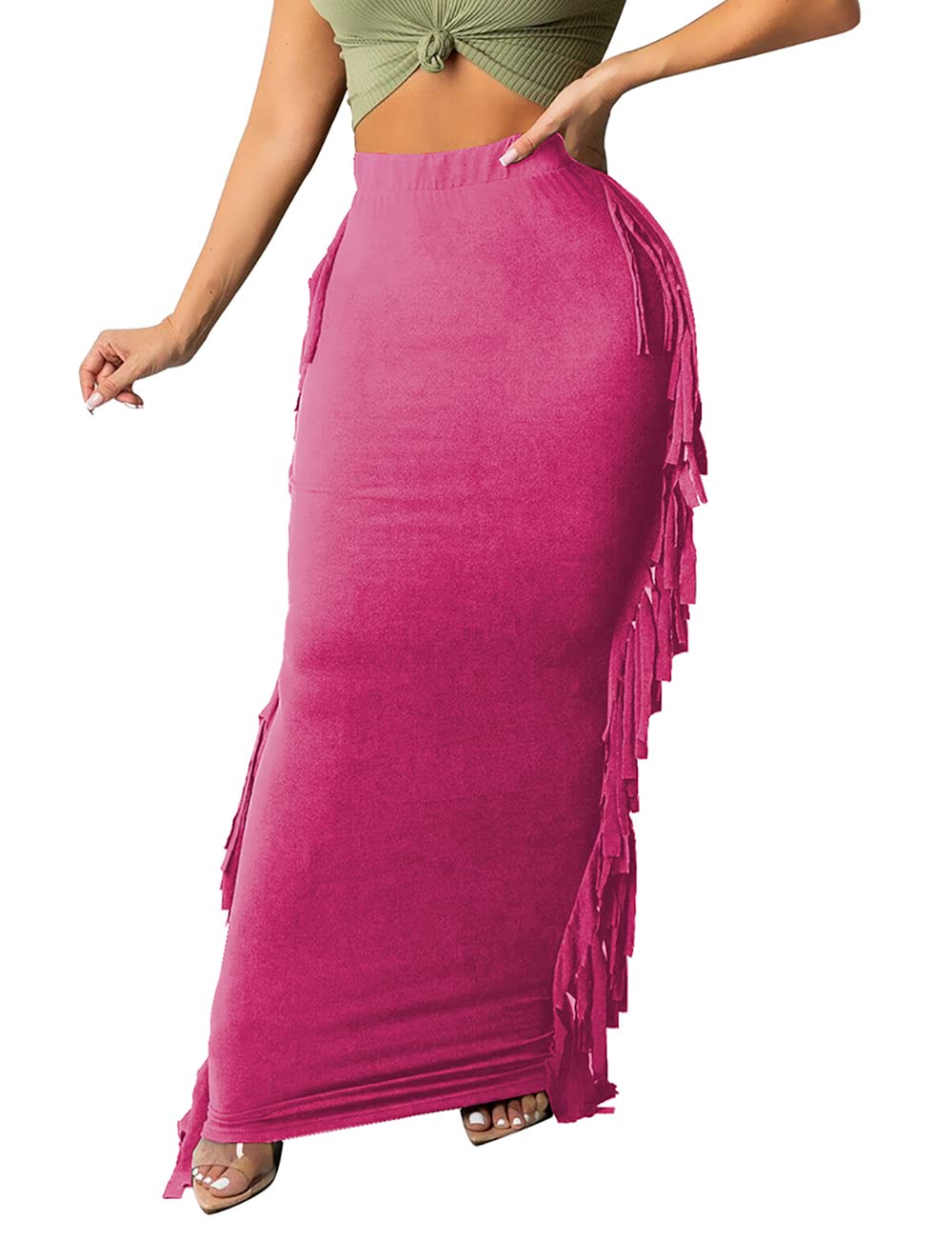 Lrady Women's Stretchy Elastic Waist Slim Fit Bodycon Long Maxi Pencil Skirt with Side Tassels - Perfect for Office, Party & Evening Wear