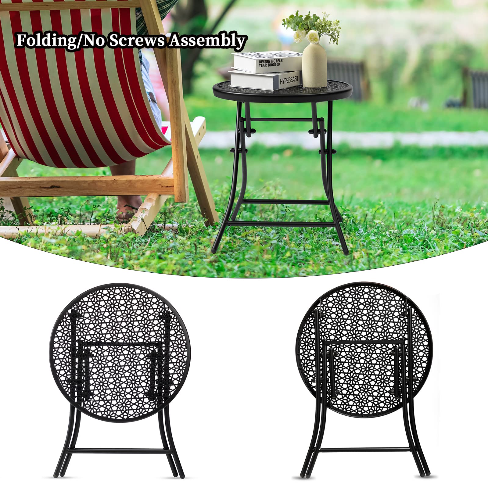 TeoKJ Folding Outdoor Side Table - Rust-Resistant Round Metal Patio Table with Floral Cutouts for Porch, Yard, Balcony, Deck & Lawn - Perfect for Outdoor Dining, BBQ Parties & Relaxing in Black