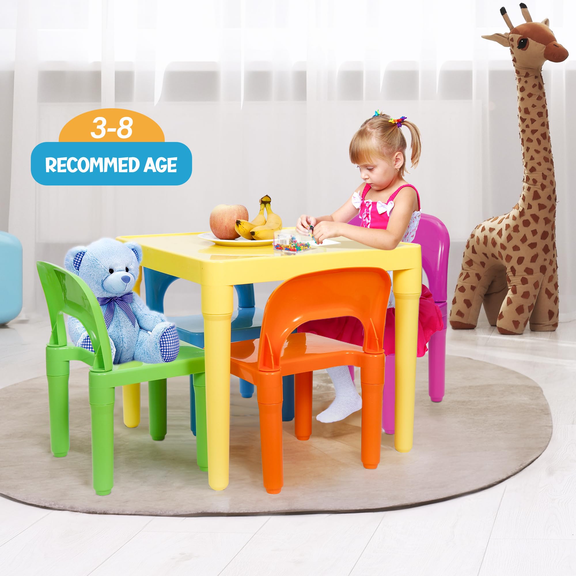 ZENY Kids Plastic Table and 4 Chairs Set - Colorful Playroom Furniture for Reading, Training, Arts & Crafts | Perfect for Toddler Activities, Preschool Learning & Home Play Area