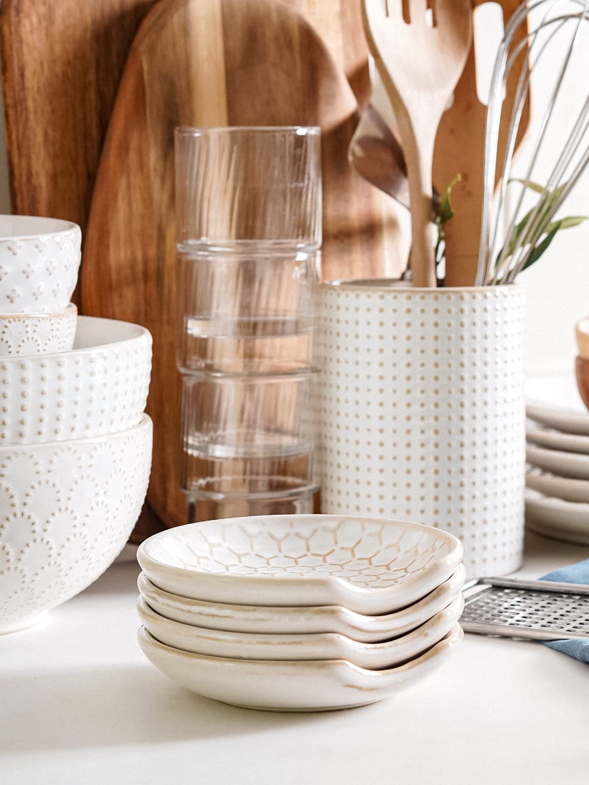 LE TAUCI Ceramic Spoon Rest for Stove Top - 4.8 Inch Set of 4 White | Kitchen Counter Utensil Holder | Farmhouse Decor & Housewarming Gift | Perfect for Cooking, Baking and Kitchen Organization