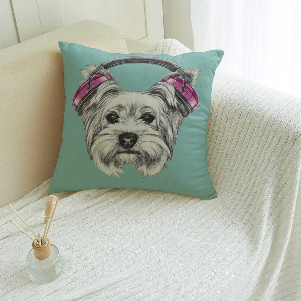 Yorkie Dog Throw Pillow Cover - Music Listening Yorkshire Terrier Design for Sofa & Bed Decor