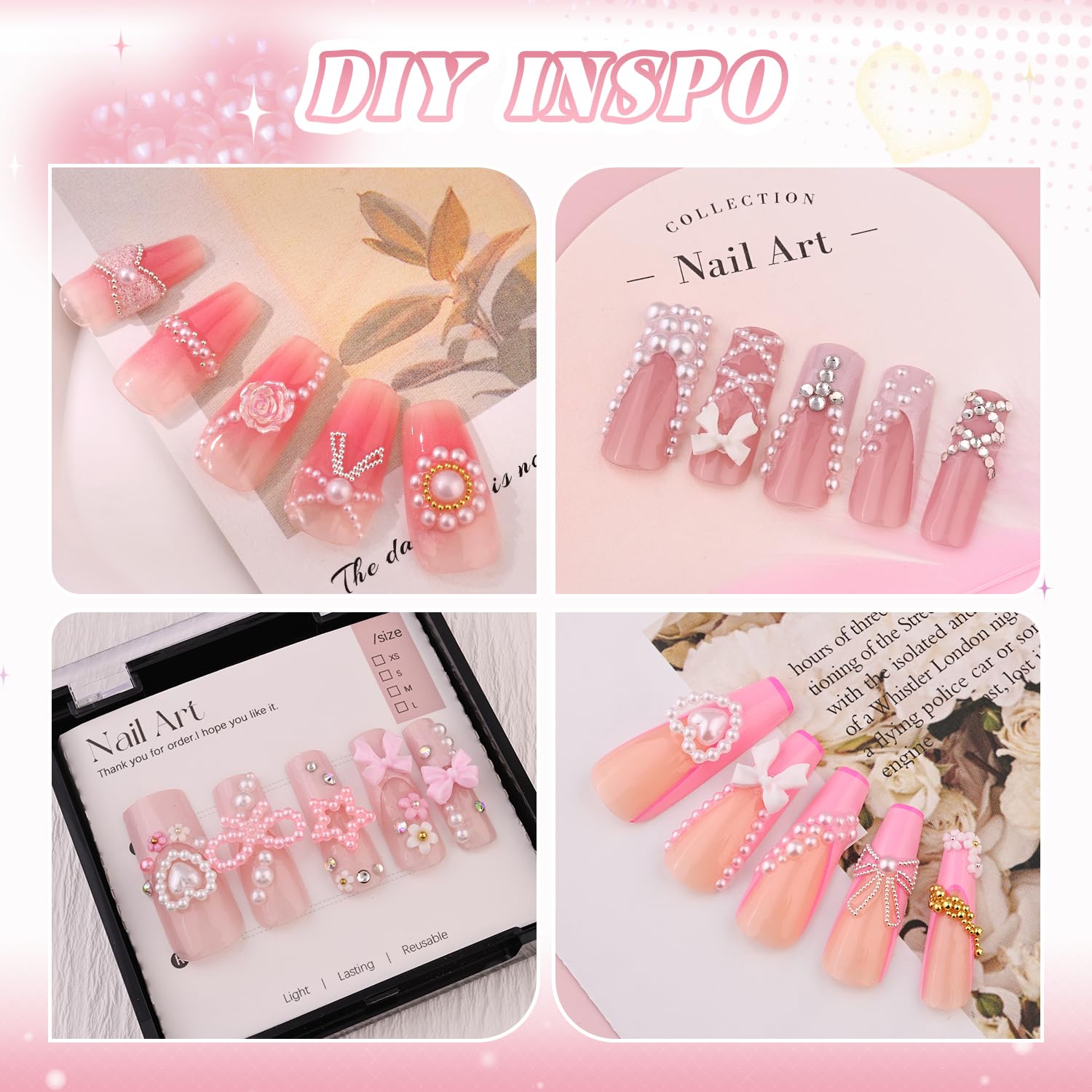 Flatback Pearls (White) & 3D Flower Rhinestone Nail Art Glue Gel - Half Round Pearls, Heart Bows, Camellia Mix Styles for Acrylic Nails & Manicure Decor | Perfect for DIY Nail Design, Bridal Nails & Salon Professional Use