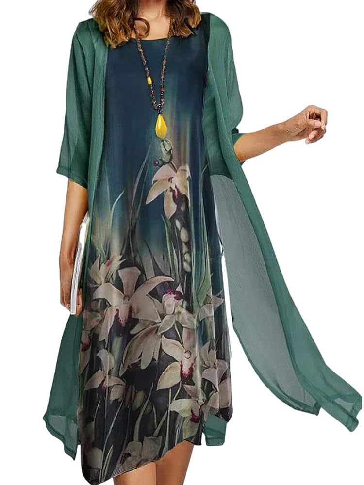 Floral Maxi Dress with Cardigan 2-Piece Set for Women - Chiffon Wedding Guest Dress, Casual Summer Outfit & Midi Dress - Perfect for Beach Weddings, Garden Parties & Vacation Wear