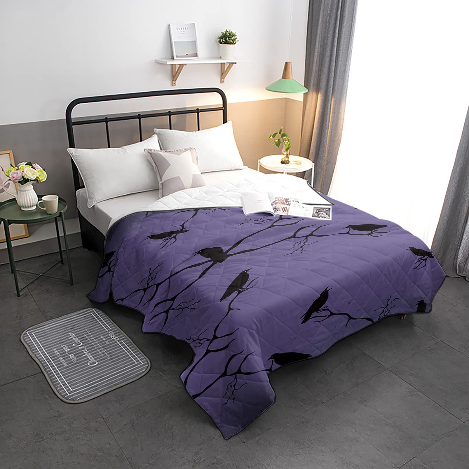 HELLOWINK Twin Size Cooling Comforter - Soft & Lightweight Quilted Duvet, Halloween Crows Branch Design, All Season Down Alternative Bedding in Black & Purple | Perfect for Guest Rooms, Dormitories & Cozy Bedroom Decor