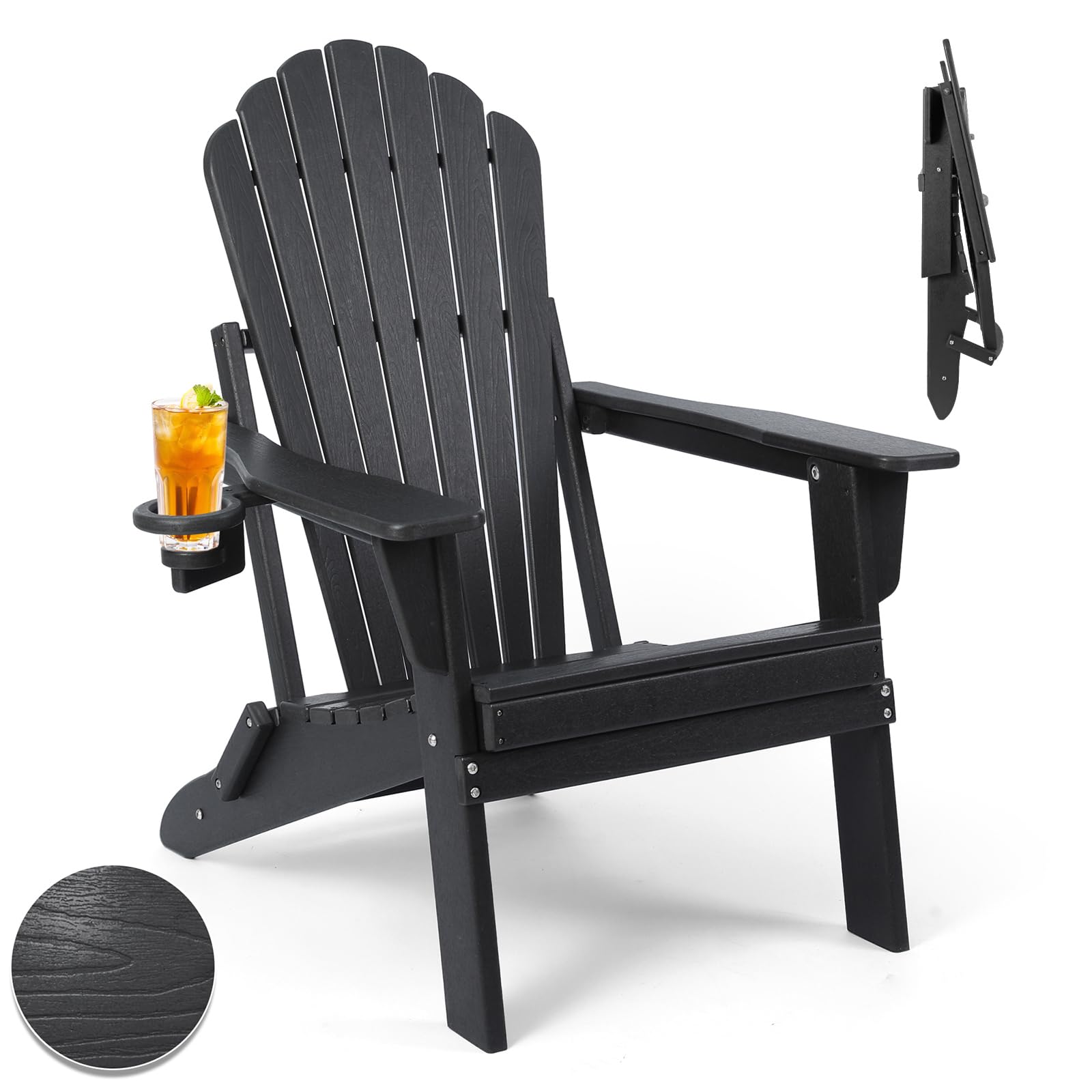 **Plawdlik Folding Adirondack Chair - Heavy Duty All-Weather HDPE, Wooden Textured with Cup Holder, SGS Tested for Outdoor Comfort - Perfect for Patio, Garden, Poolside & Backyard Relaxation**