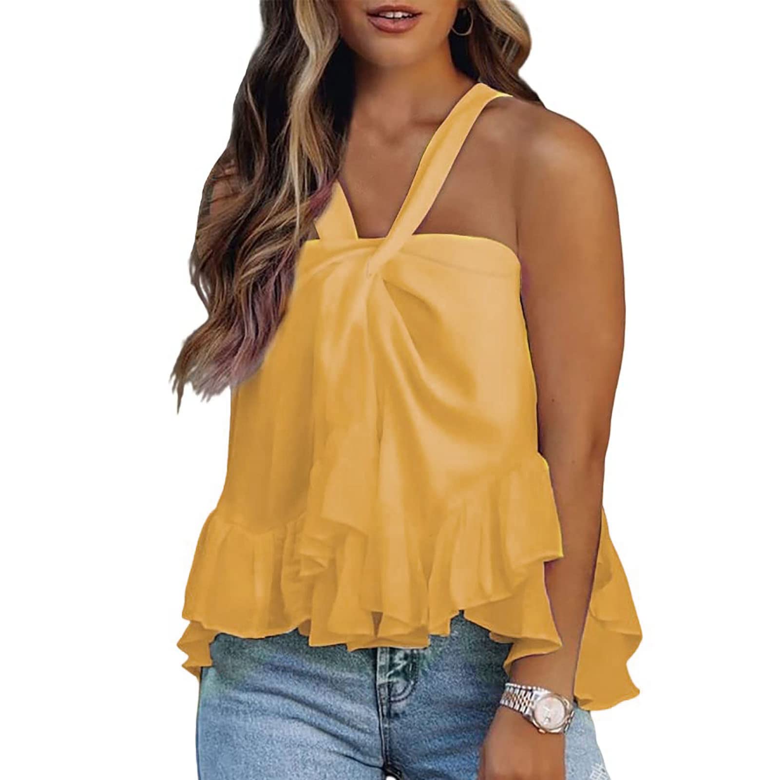 Women's Sleeveless Halter Neck Ruffle Flared Hem Tank Top - Casual Summer Tunic for Beach, Party & Vacation Outfits
