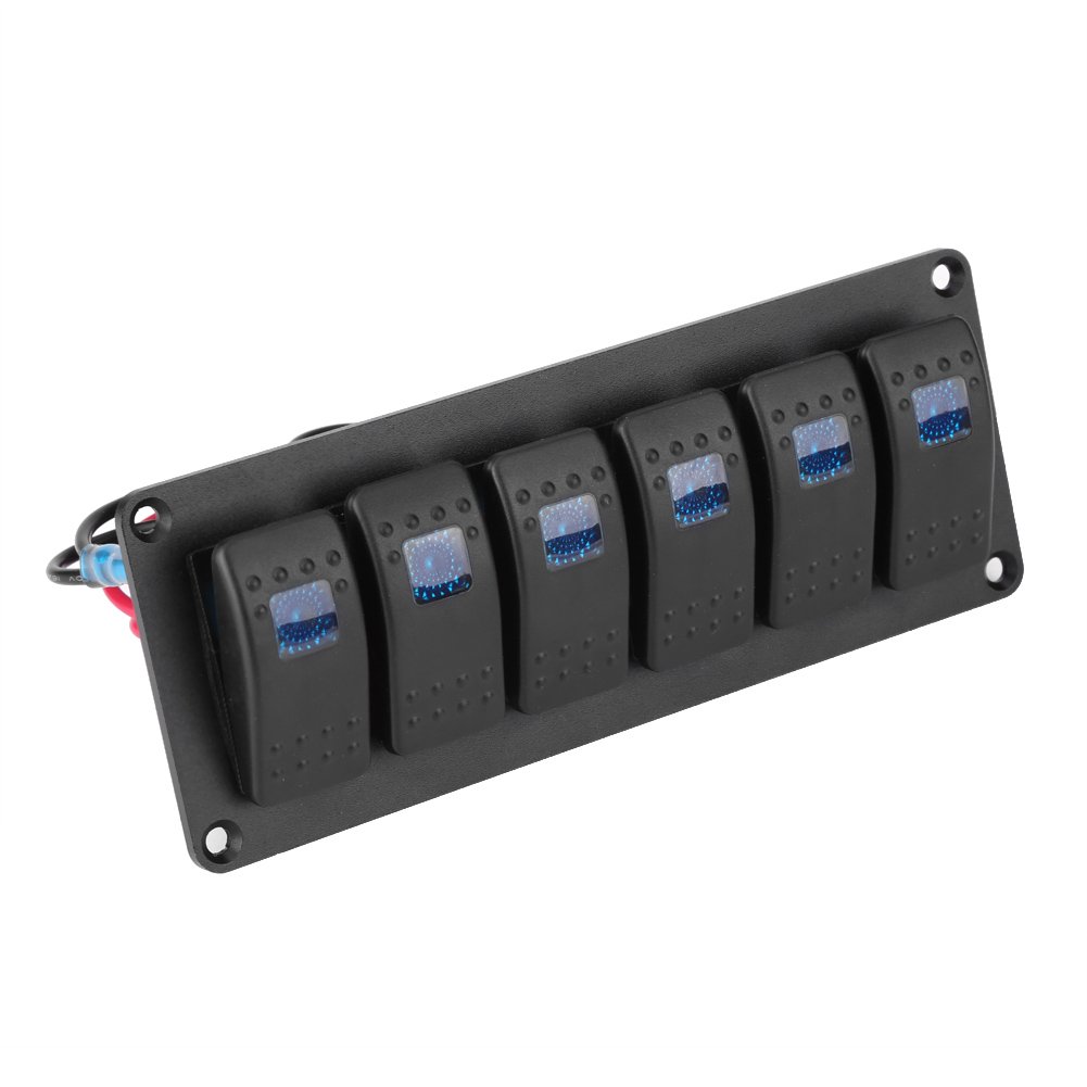 6 Gang Rocker Switch Panel with Decal Sticker Labels 12-24V - Waterproof Blue LED Toggle Control Panel for Car, Marine Boat, Trailer, RV, Truck - Perfect for Off-Roading, Camping & Vehicle Customization
