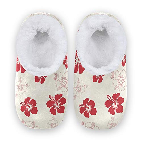 Women's Coral Fleece House Slippers with Hibiscus Flower Design - Soft Indoor Slippers for Women & Men (US 7-8) - Cozy Home Shoes for Relaxing, Lounging & Winter Comfort