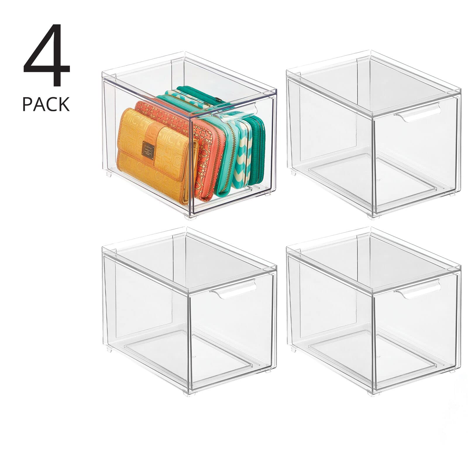 mDesign Clear Plastic Stackable Closet Storage Organizer with Pull-Out Bins - 4 Pack for Cabinet, Desk, Shelf & Cupboard Organization - Lumiere Collection | Space-Saving Solution for Bedroom, Bathroom & Office Clutter