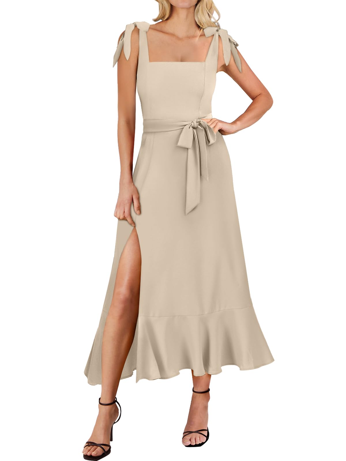 ANRABESS Women's Square Neck Ruffle Split Midi Dress - Elegant Formal Wedding Guest, Cocktail, Bridesmaid, Graduation Party Dress | Perfect for Evening Events, Special Occasions & Photo Shoots