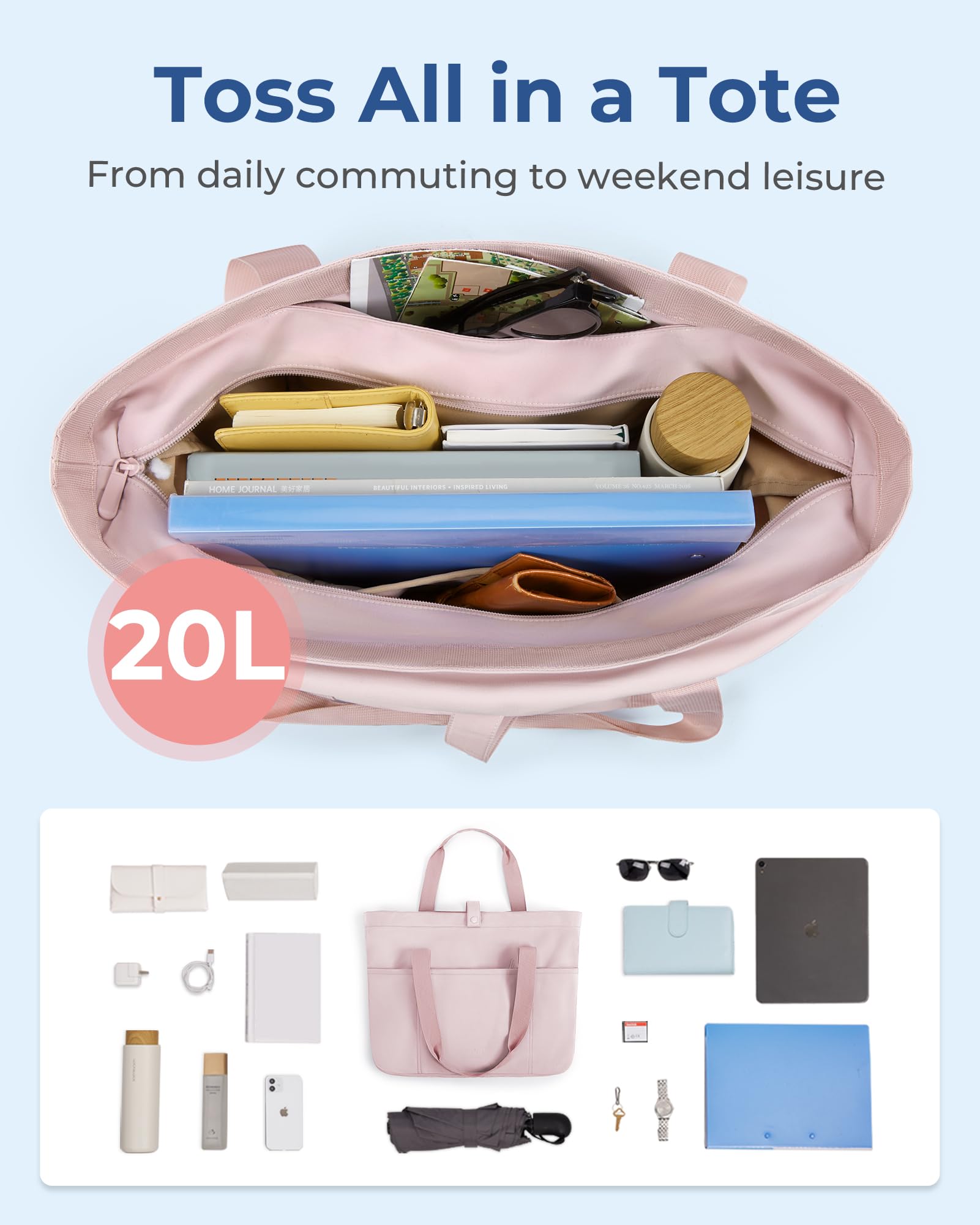 BAGSMART Foldable Zipper Tote Bag for Women - Large Shoulder Bag with Top Handle for Travel, Work, Shopping & Daily Use | Durable & Stylish Handbag