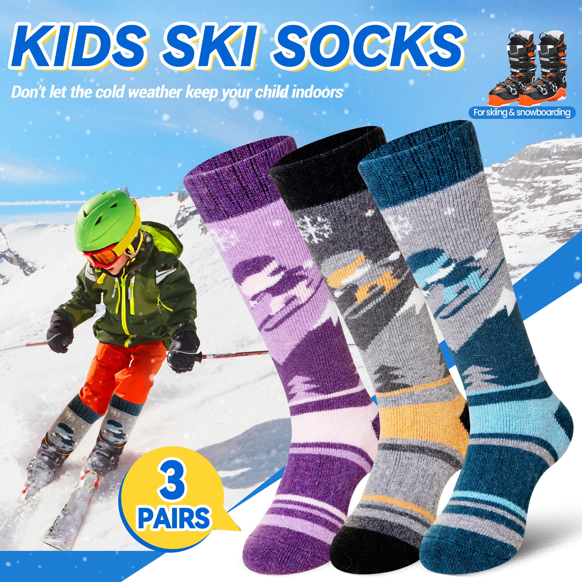 SeeyAN Kids Ski Socks - 3 Pairs Merino Wool Thermal Winter Socks for Boys & Girls - Warm & Thick Snowboarding & Skiing Socks for Cold Weather - Perfect for Snow Sports, Winter Hiking & Outdoor Activities