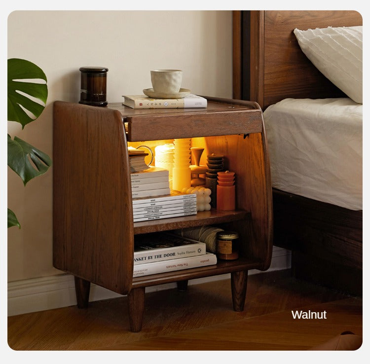 Solid Oak Wood Nightstand with Rattan Accents - Stylish Bedside Table for Bedroom Decor, Living Room, or Guest Room